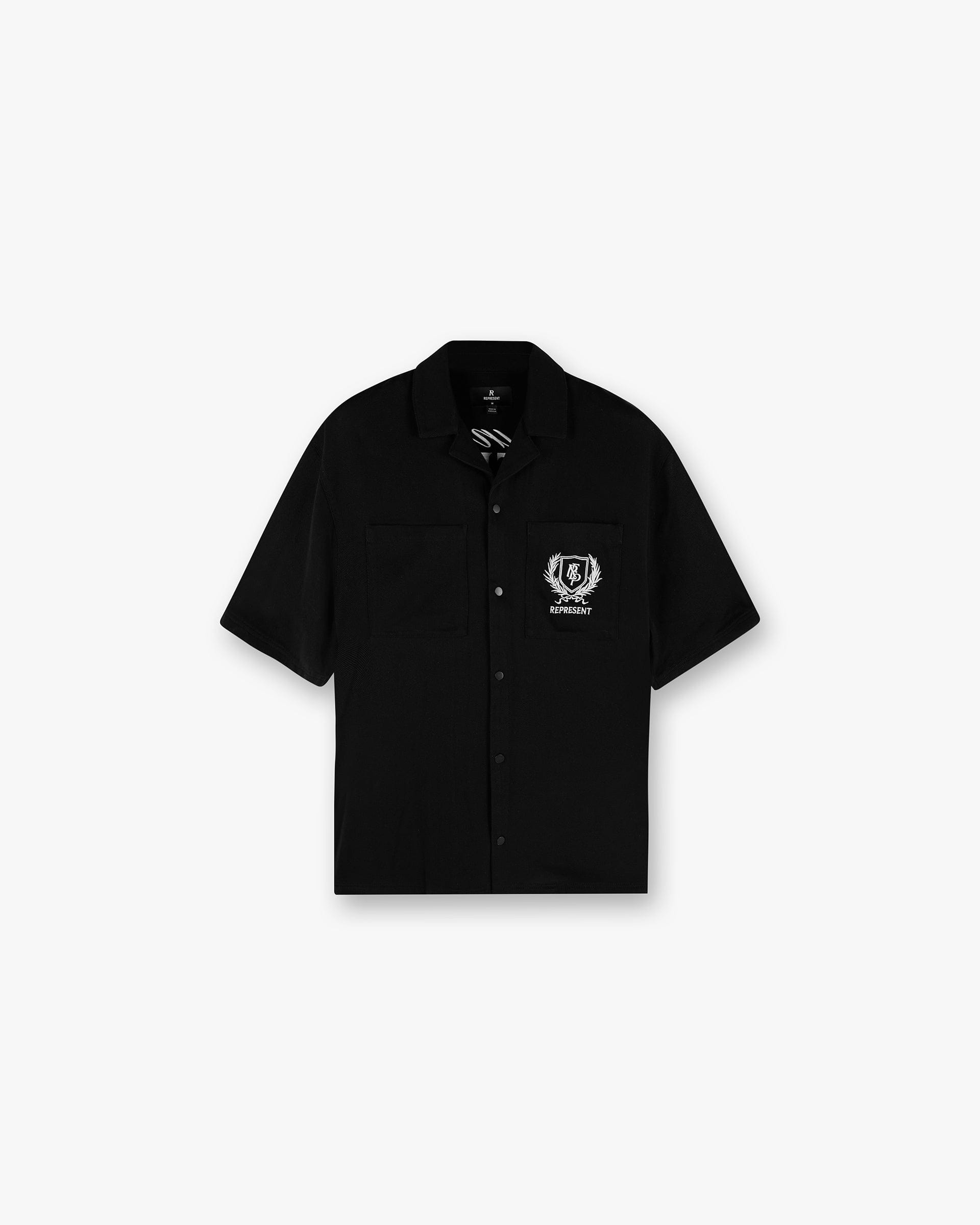 Front product image of a mens black shirt on a plain white background | Represent Crest Shirt in Jet Black | Classic fit black shirt | SS25 Shirts | Represent Clo