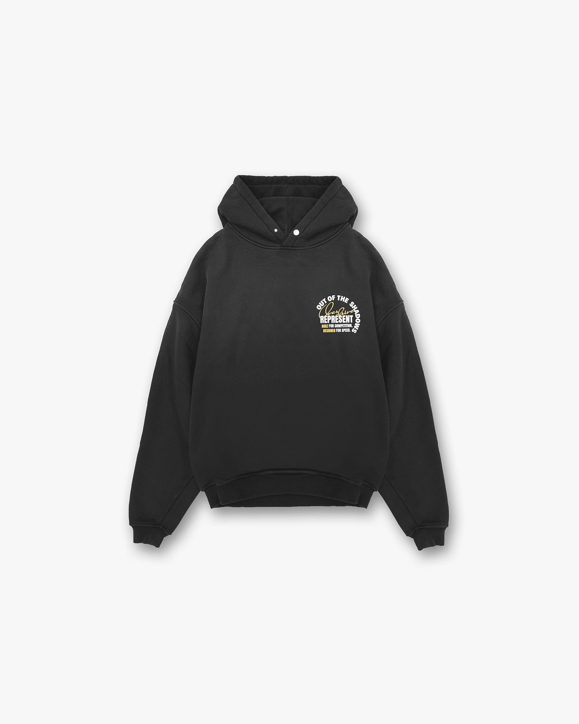 Front product image of a mens black hoodie on a plain white background | Out Of The Shadows Hoodie in Stained Black | Hoodie with drawstring closure and branded interior | SS25 Hoodies | Represent Clo