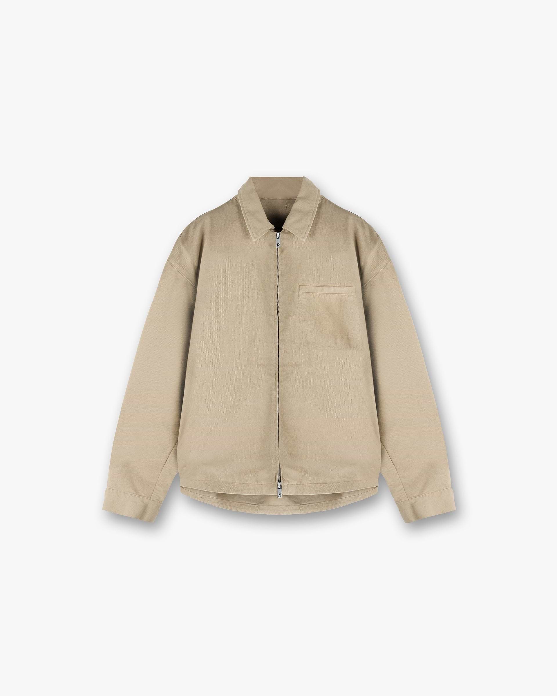 Front product image of a mens beige shirt on a plain white background | Cotton Zip Through Shirt in Beige | Waffle fabric shirt with double chest pockets | SS25 Shirts | Represent Clo