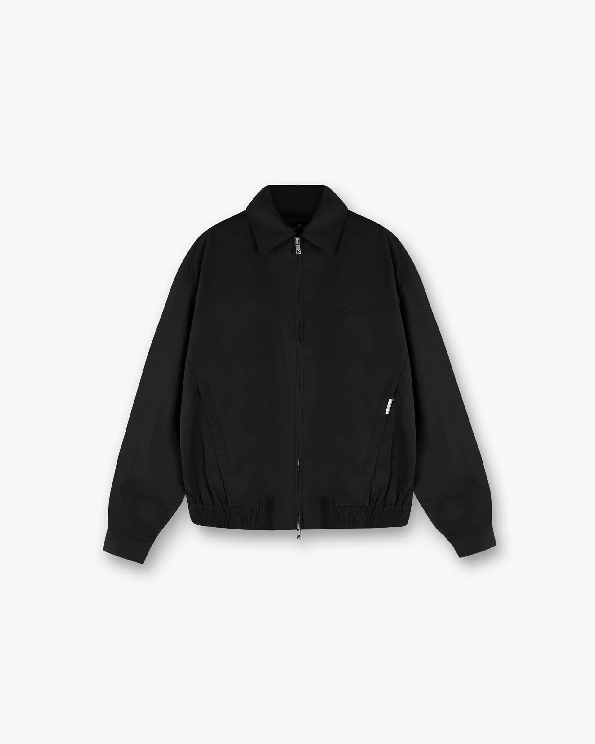 Front product image of a mens black shirt bomber on a plain white background | Shirt Bomber in Black | Bomber style shirt | SS25 Shirts | Represent Clo