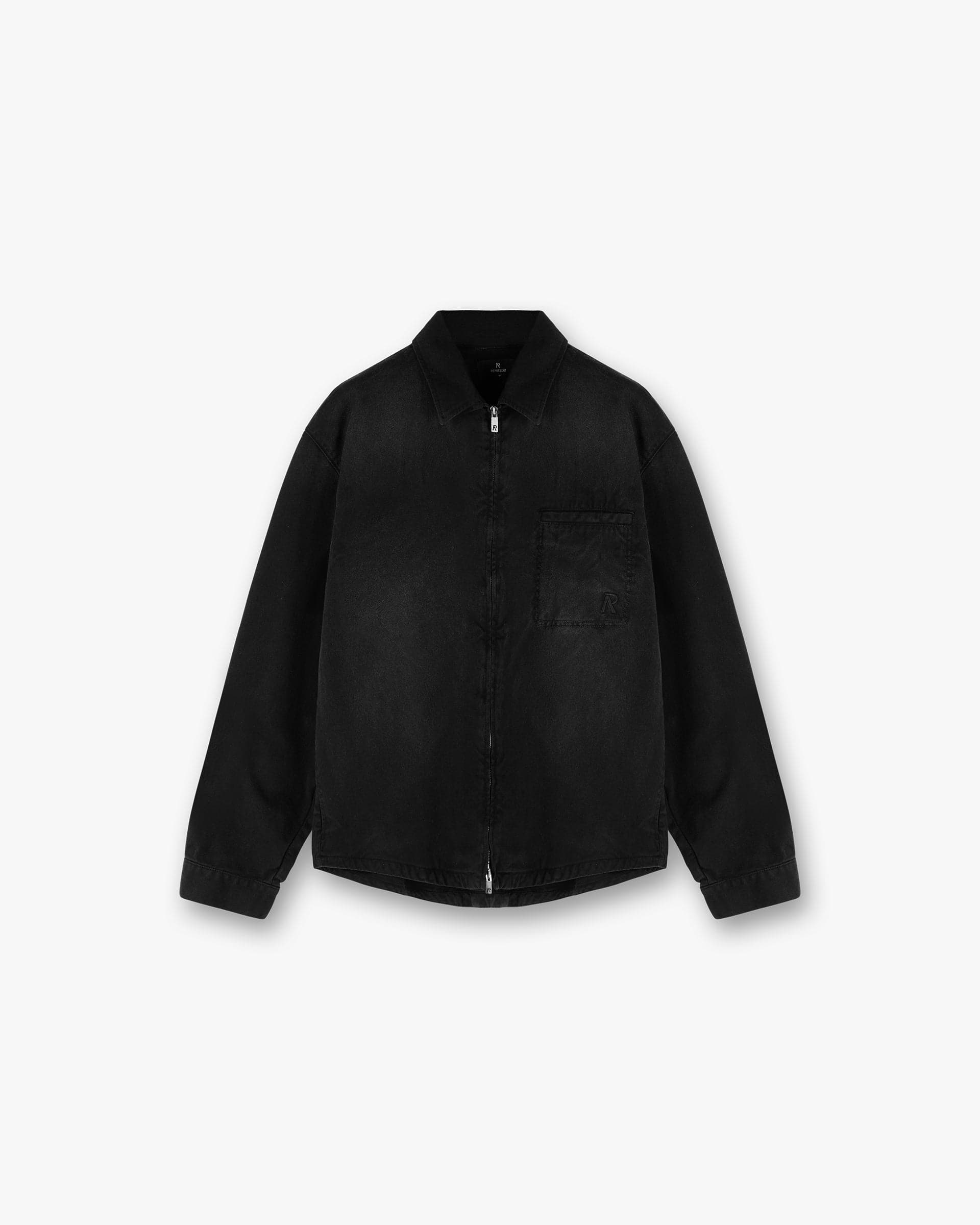Front product image of a mens black shirt on a plain white background | Cotton Zip Through Shirt in Black | Cotton zip-through shirt | SS25 Shirts | Represent Clo