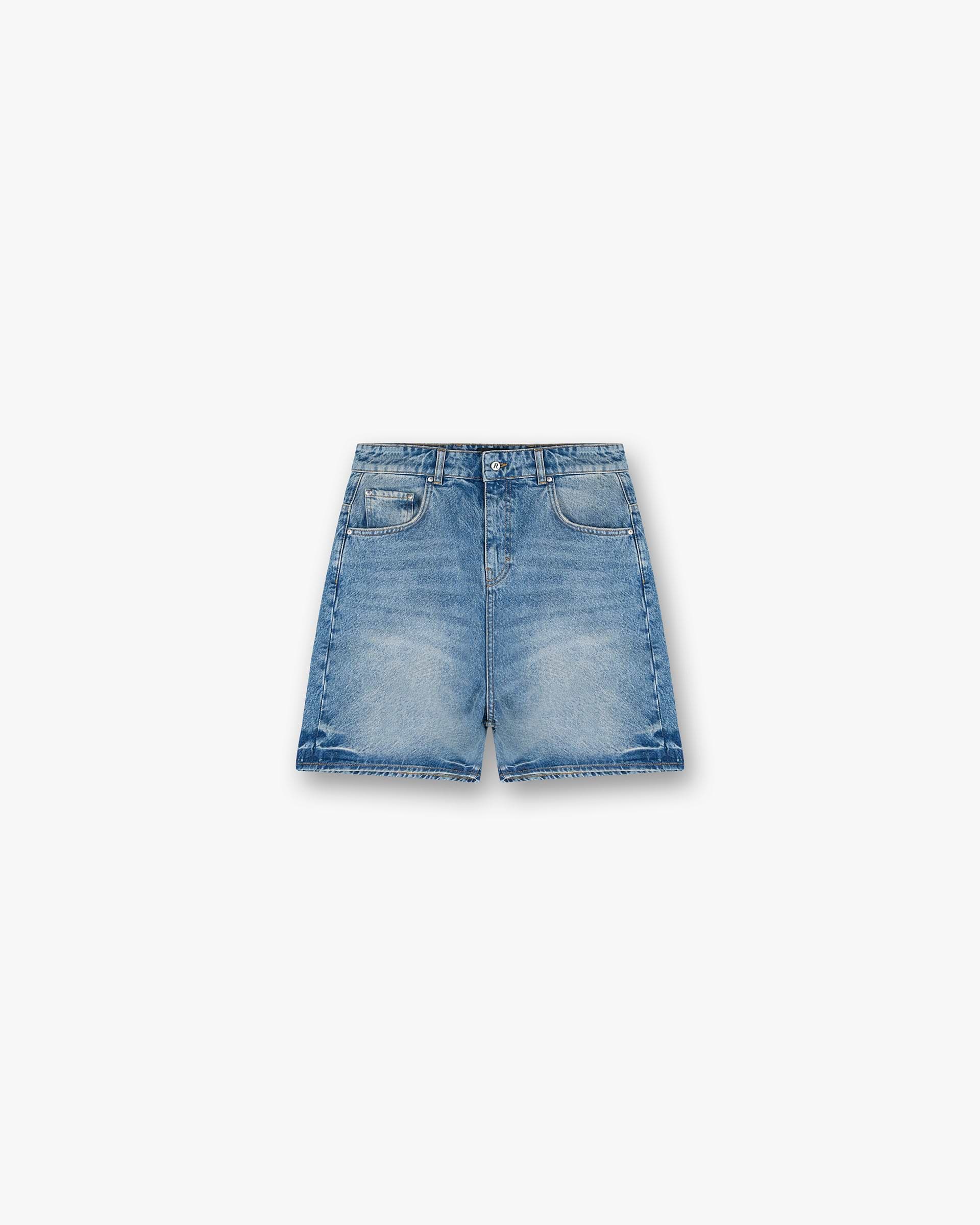 Front product image of mens blue denim shorts on a plain white background | R10T Tailored Denim Shorts in Blue 60 | Tailored denim shorts | SS25 Denim | Represent Clo