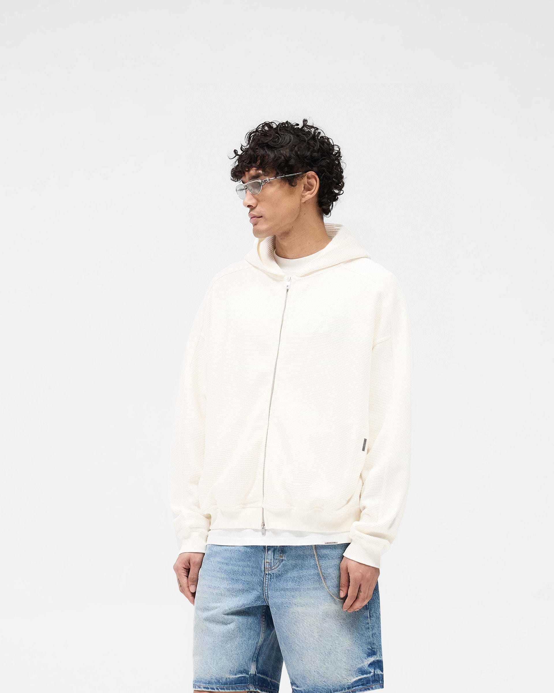 Back product image of a mens white hoodie on a plain white background | Waffle Zip Through Hoodie in Flat White | Oversized boxy fit hoodie | SS25 Hoodies | Represent Clo