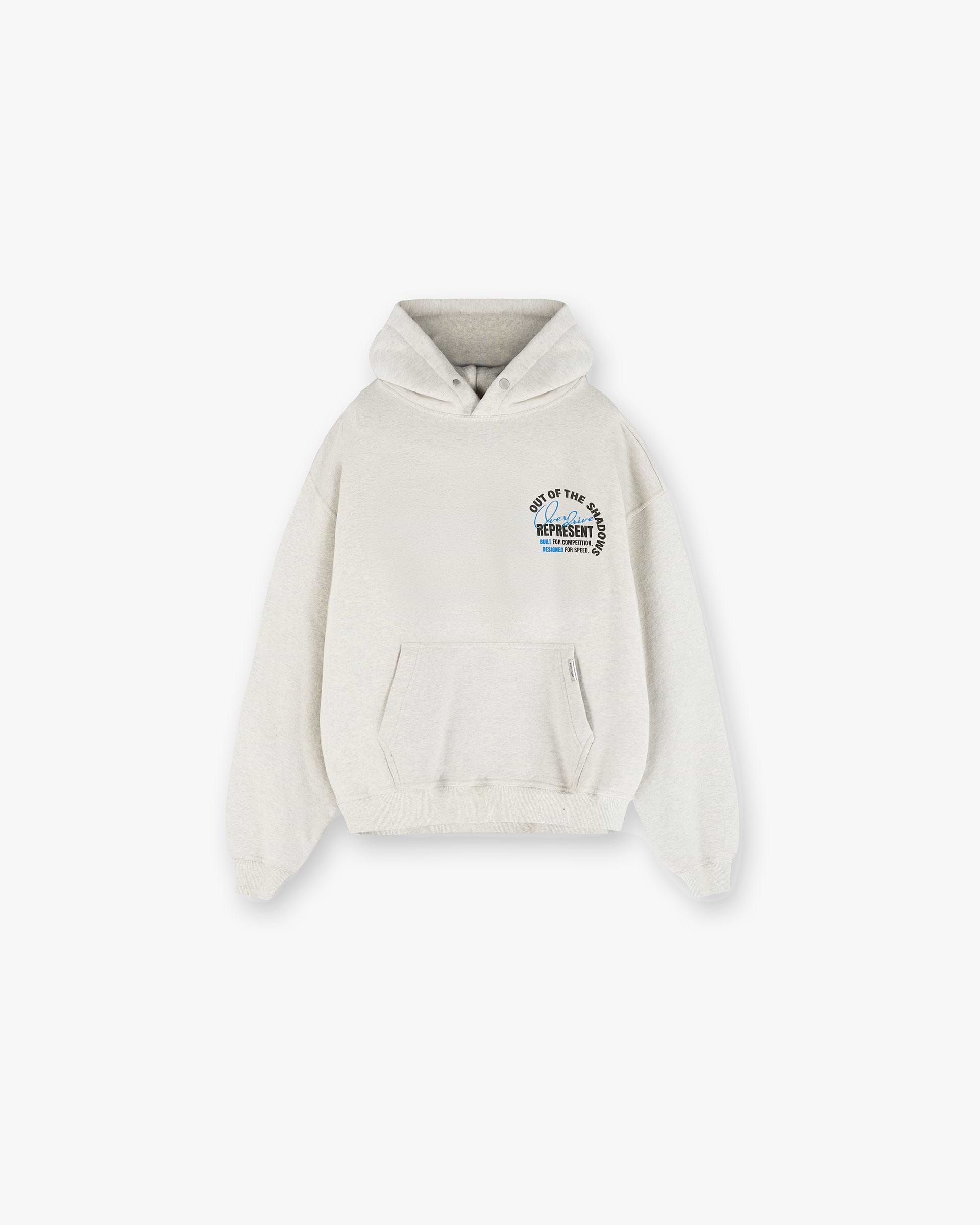 Front product image of a mens cream hoodie on a plain white background | Out Of The Shadows Hoodie in Cream Marl | Slim fit cotton hoodie with sheer finish | SS25 Hoodies | Represent Clo