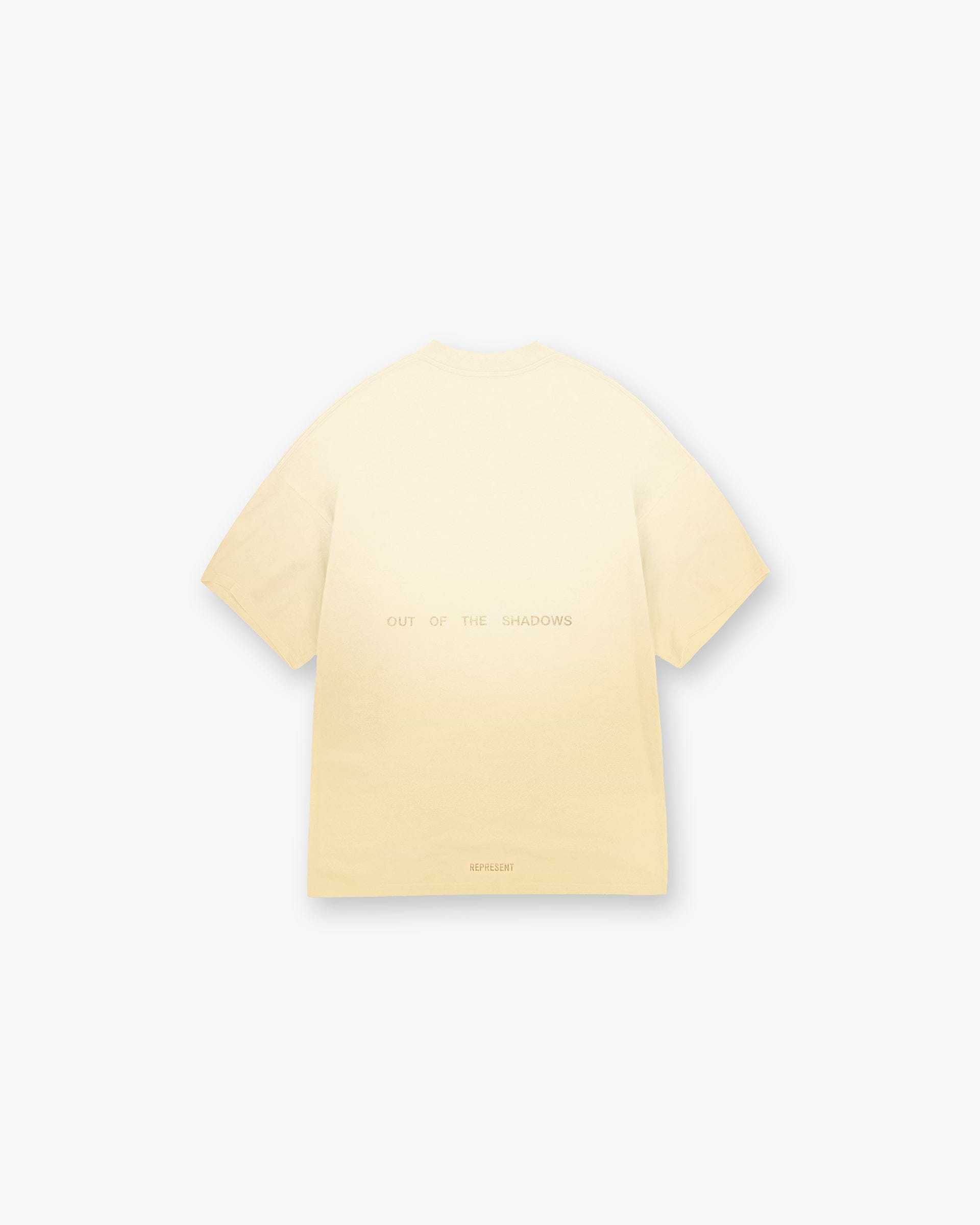 Back product image of a mens yellow t-shirt on a plain white background | Team Rep T-Shirt in Light Yellow | Oversized t-shirt with slub jersey fabric and bound neckline | SS25 T-Shirts | Represent Clo