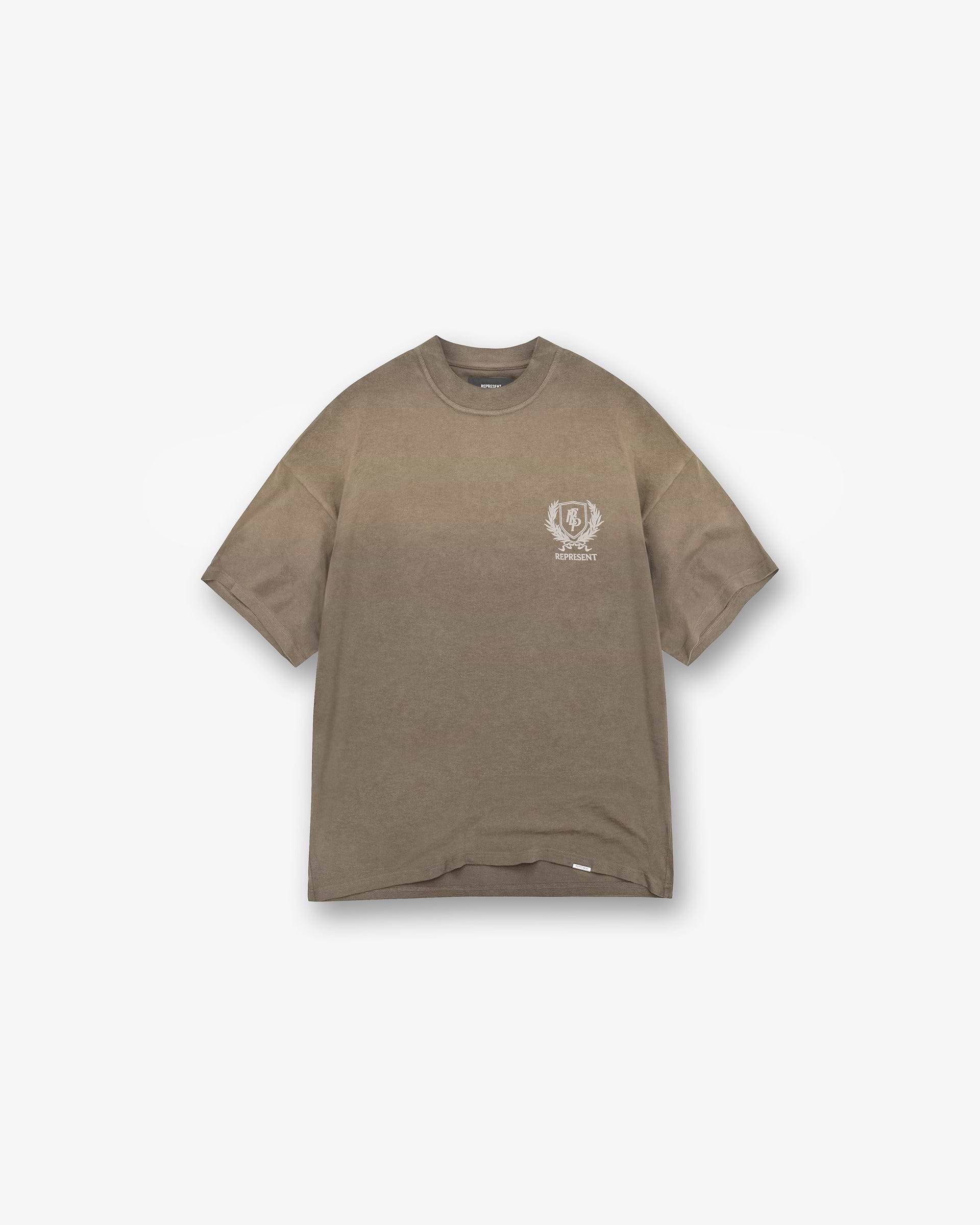 Front product image of a mens dark taupe t-shirt on a plain white background | Crest T-Shirt in Dark Taupe | Short sleeve t-shirt with a crest print | SS25 T-Shirts | Represent Clo
