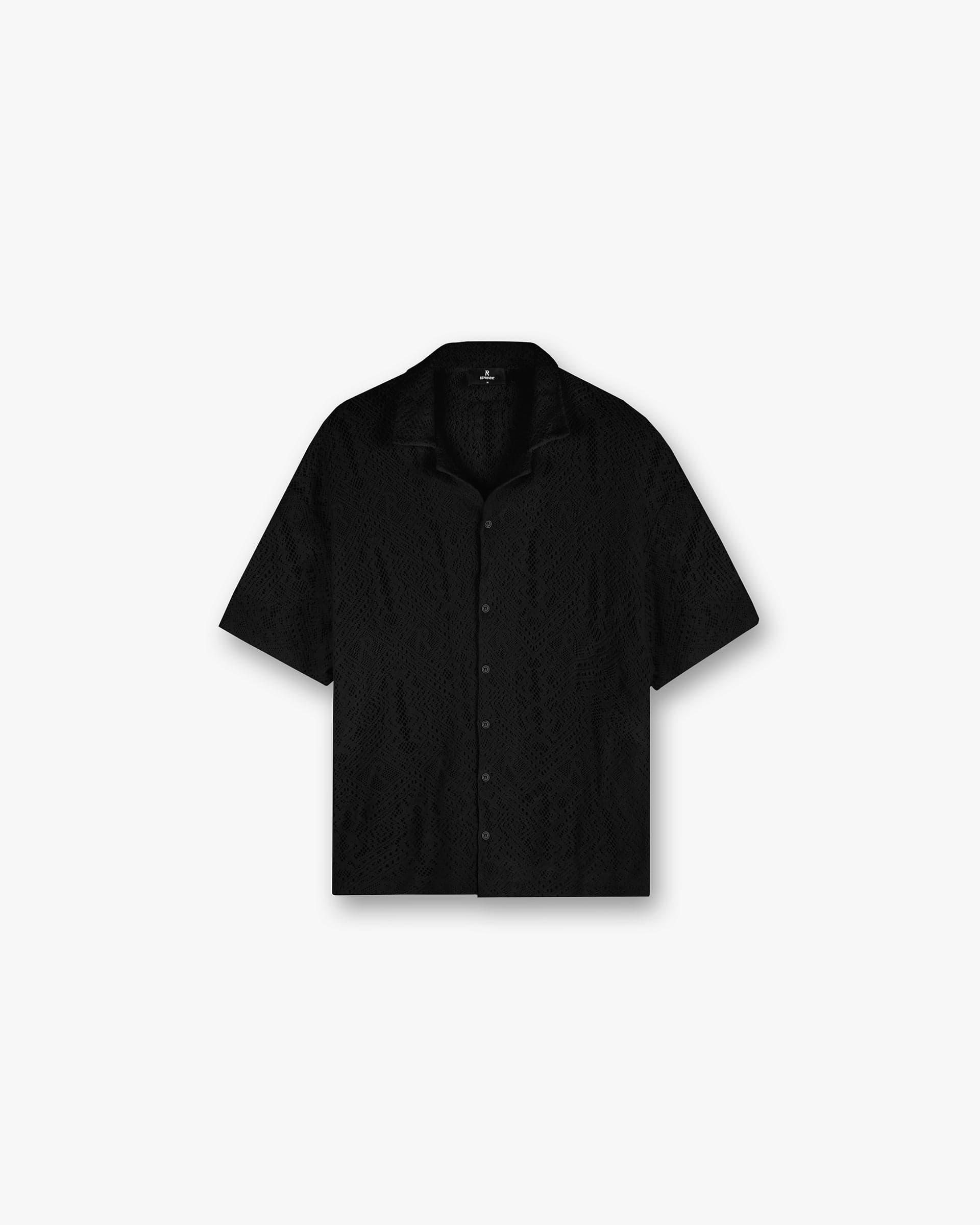 Front product image of a mens black crochet shirt on a plain white background | All Over Crochet Shirt in Jet Black | Crochet knitwear | SS25 Knitwear | Represent Clo