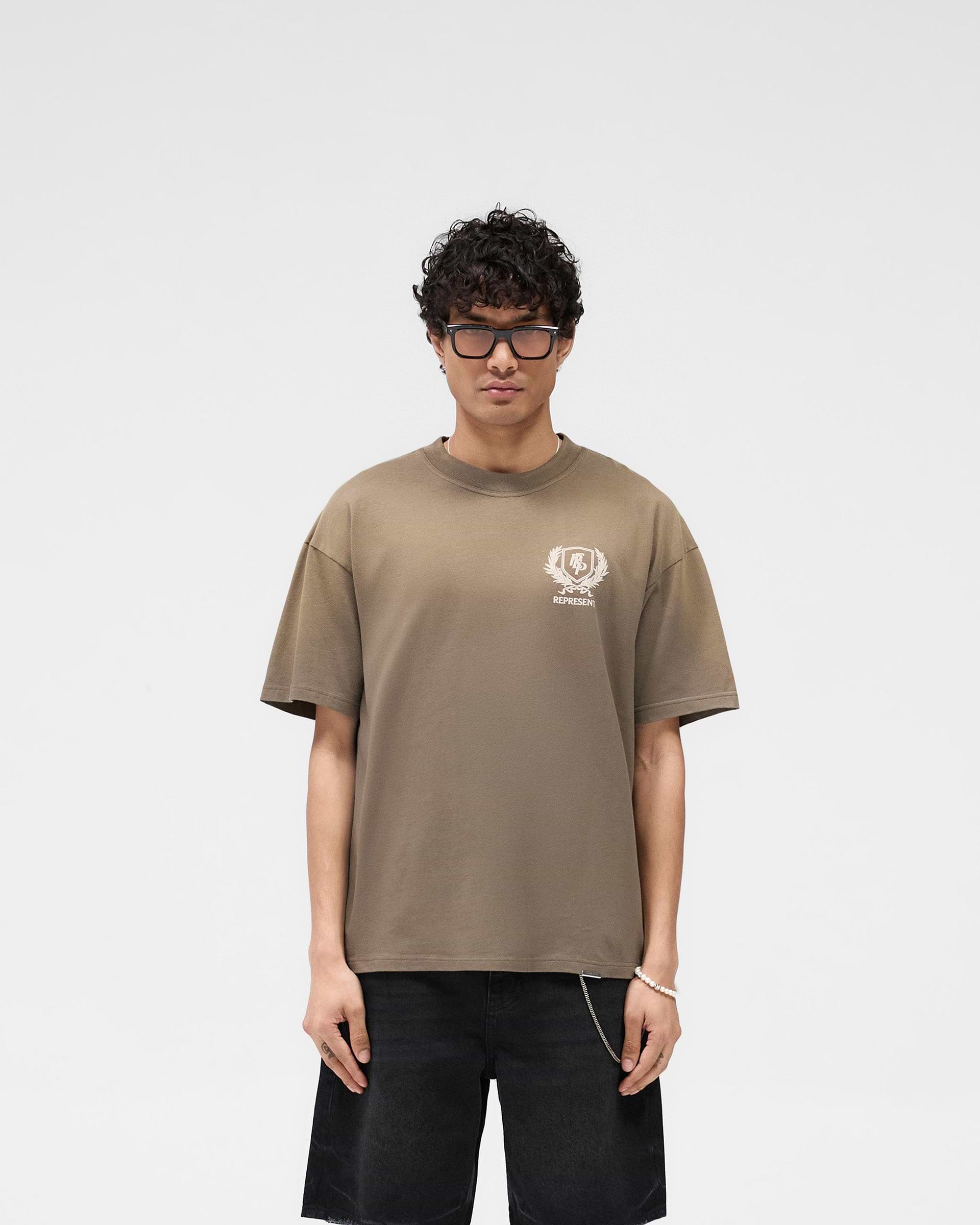 Man wearing a dark taupe graphic t-shirt on a plain white background | Crest T-Shirt in Dark Taupe | Oversized graphic t-shirt with vintage fade-out wash | SS25 T-Shirts | Represent Clo