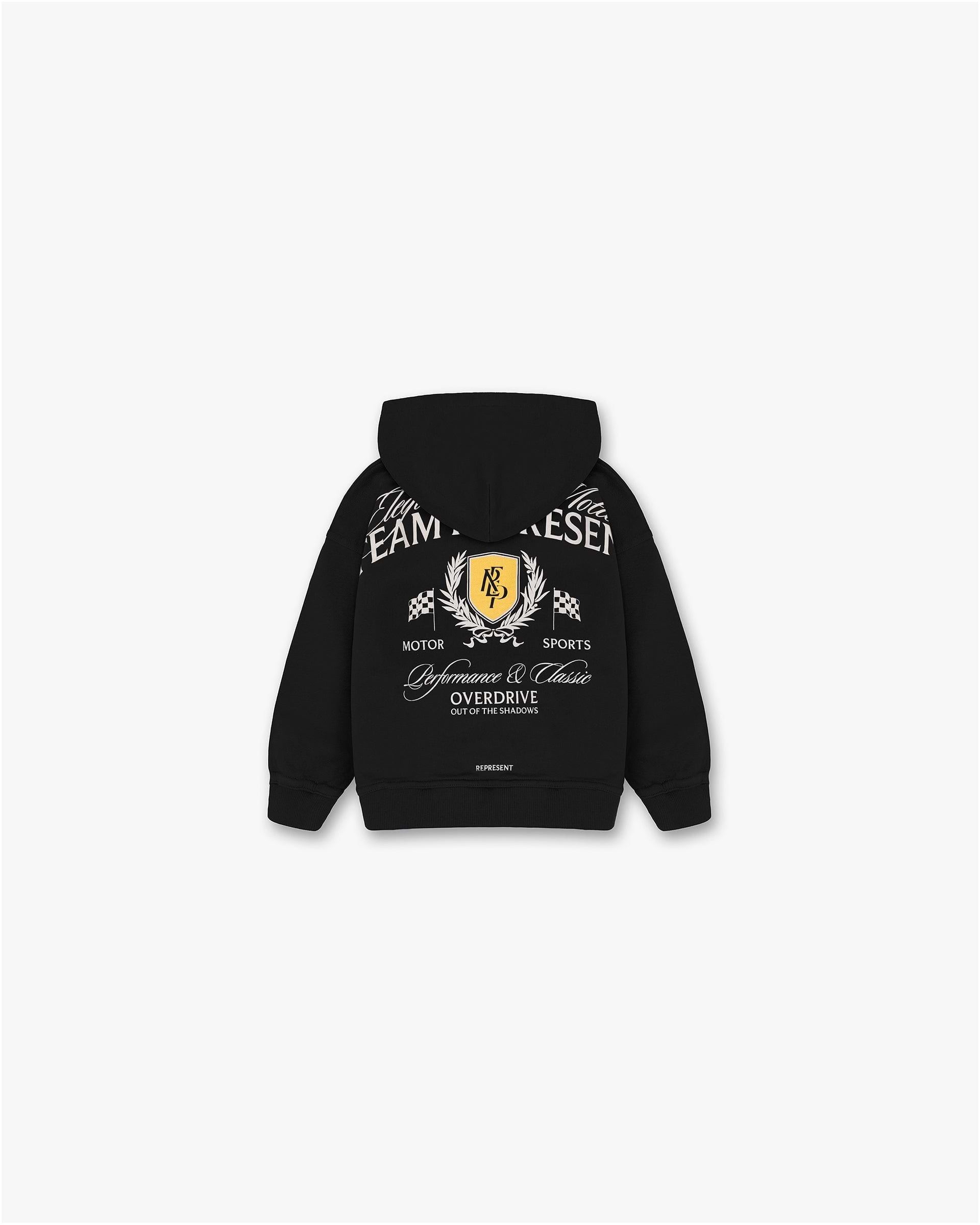 Back product image of a kids black hoodie on a plain white background | Mini Crest Hoodie in Vintage Black | Heavyweight jersey cotton hoodie | SS25 Hoodies | Represent Clo