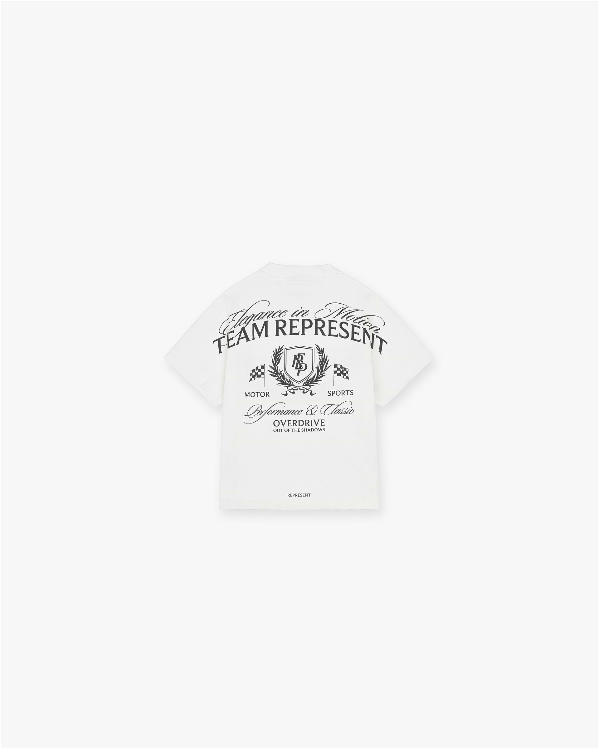 Back product image of a mens white t-shirt on a plain white background | Mini Crest T-Shirt in Flat White | Oversized graphic t-shirt with crest and puff print | SS25 T-Shirts | Represent Clo