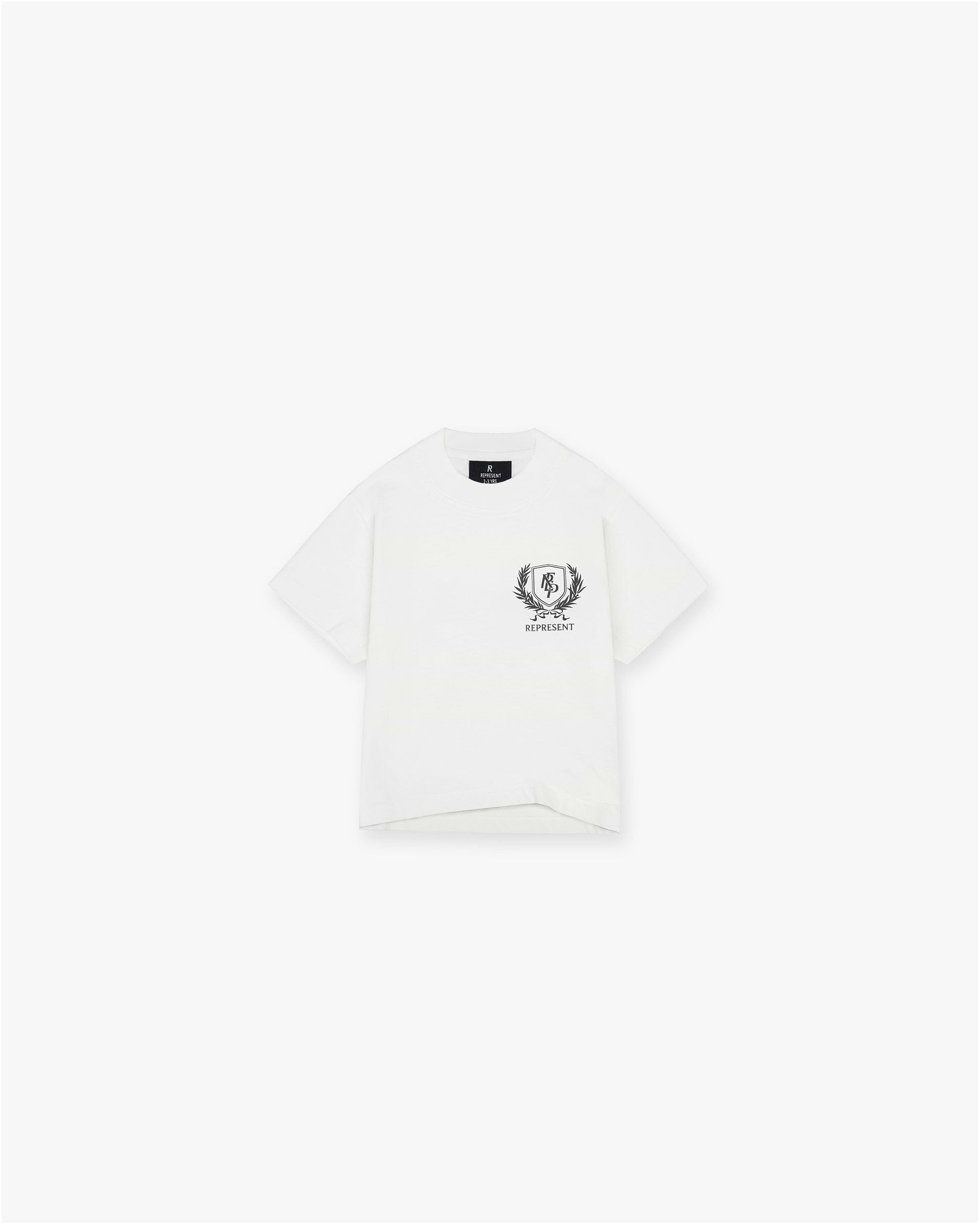 Front product image of a childs white graphic t-shirt on a plain white background | Mini Crest T-Shirt in Flat White | Oversized childs graphic t-shirt with crest print | SS25 T-Shirts | Represent Clo