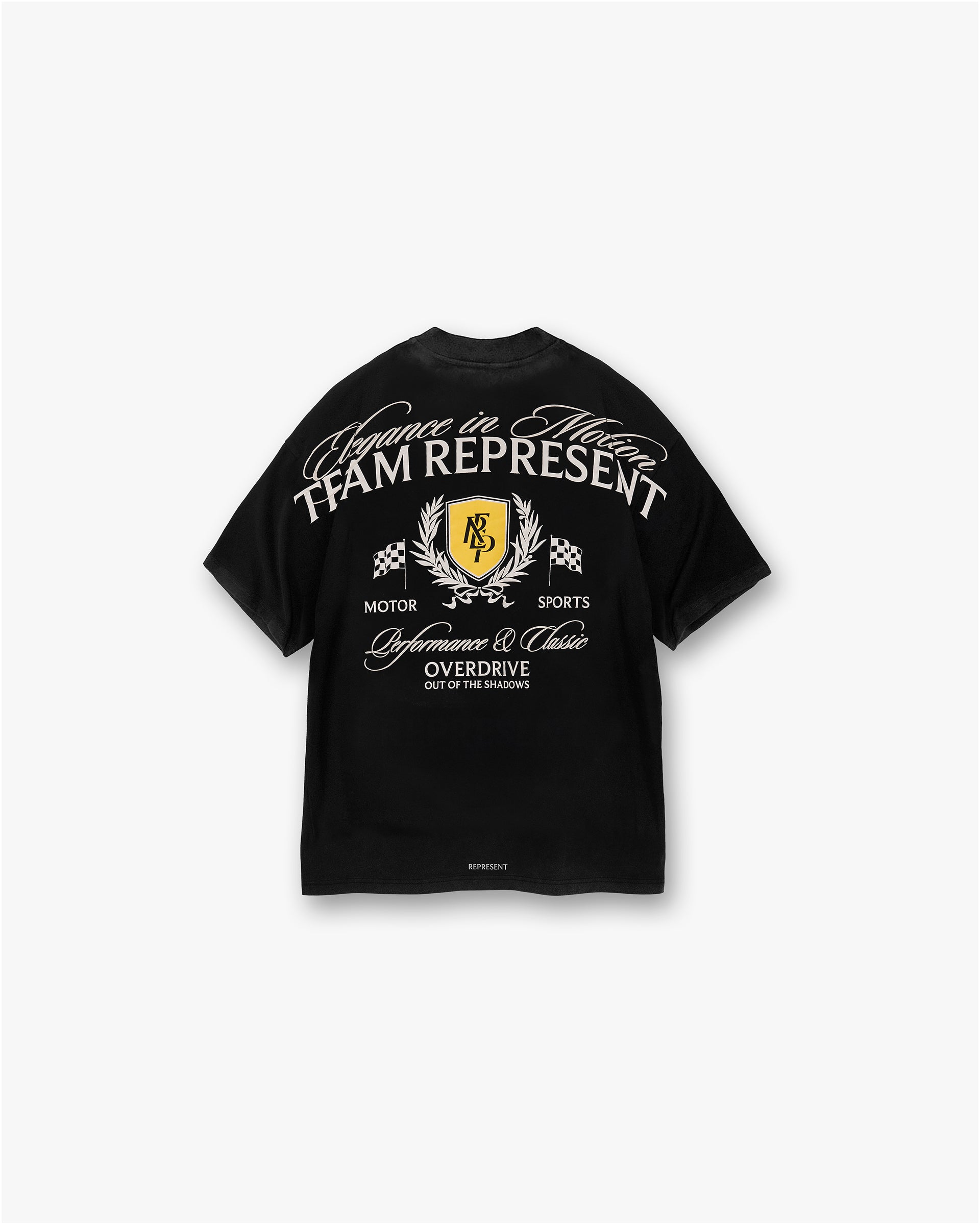 Back product image of a mens black t-shirt on a plain white background | Crest T-Shirt in Vintage Black | Graphic tee with fade-out wash | SS25 T-Shirts | Represent Clo