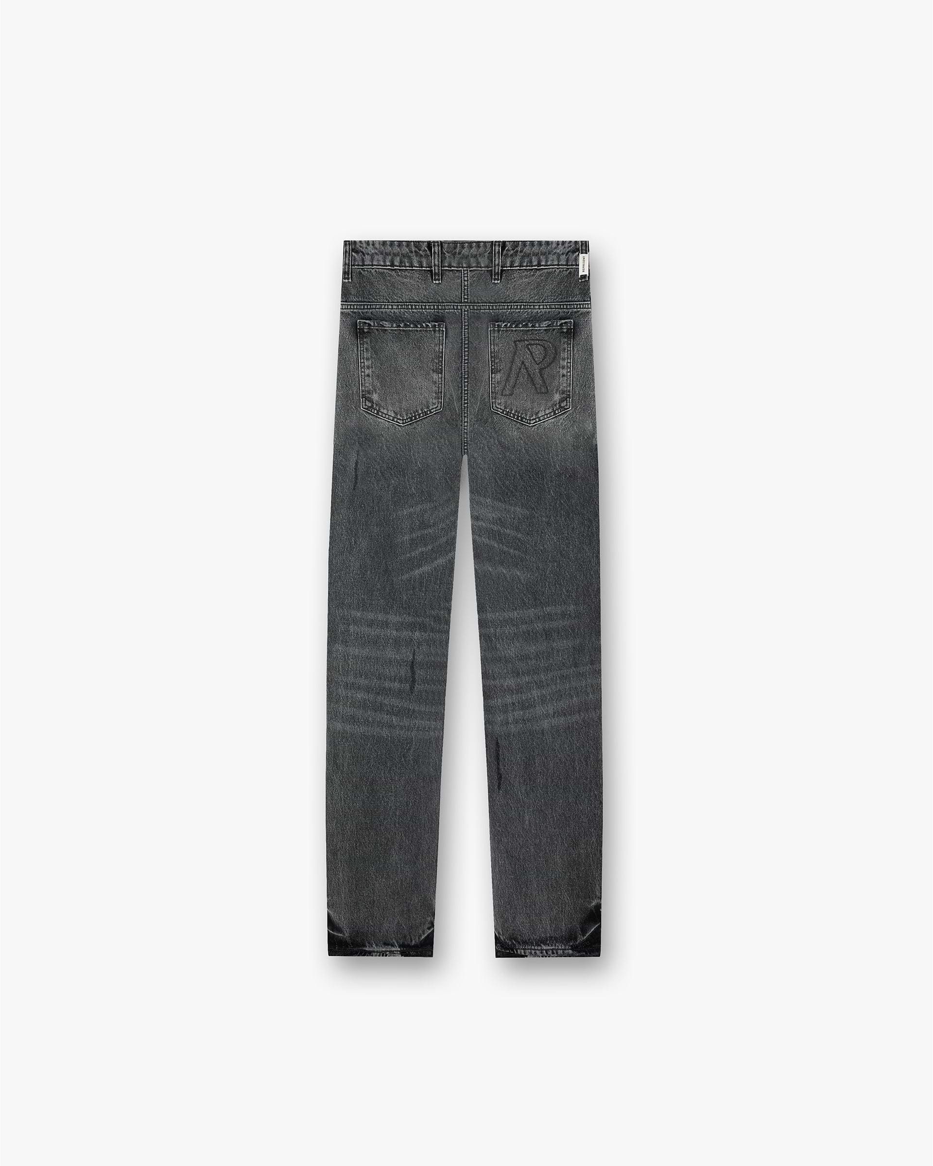Back product image of mens grey denim jeans on a plain white background | R2 Rep Denim in Charcoal | Straight leg jeans with whiskering and cat scratch details | FW24 Denim | Represent Clo