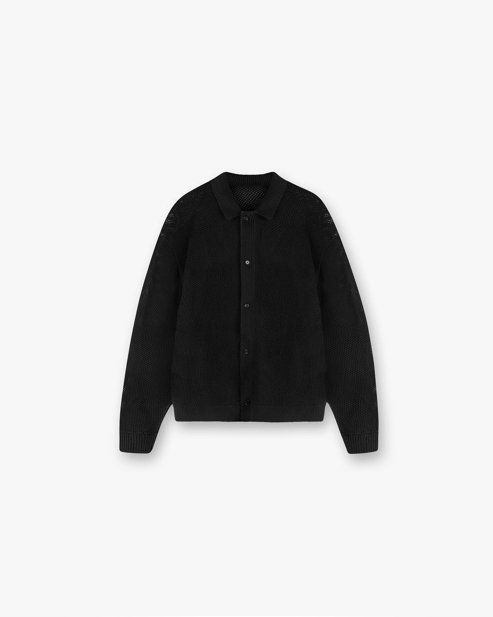 Front product image of a mens black mesh knit shirt on a plain white background | Long Sleeve Mesh Knit Shirt in Jet Black | Mesh knit shirt with long sleeves | SS25 Knitwear | Represent Clo