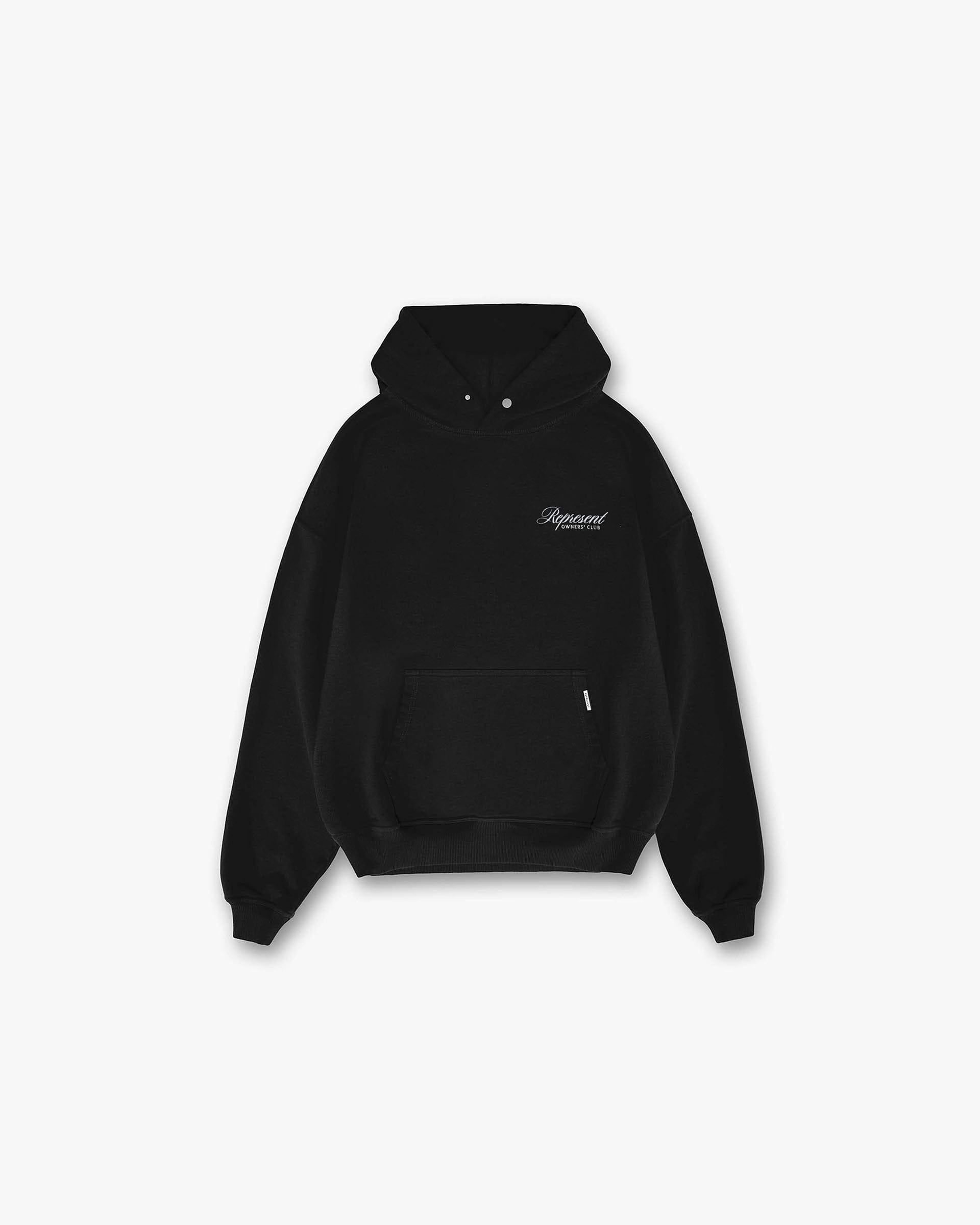 Back product image of a mens black hoodie on a plain white background | Represent Owners Club Script Hoodie in Black | Hoodie with water based screen print script graphic | Owners Club Hoodies | Represent Clo