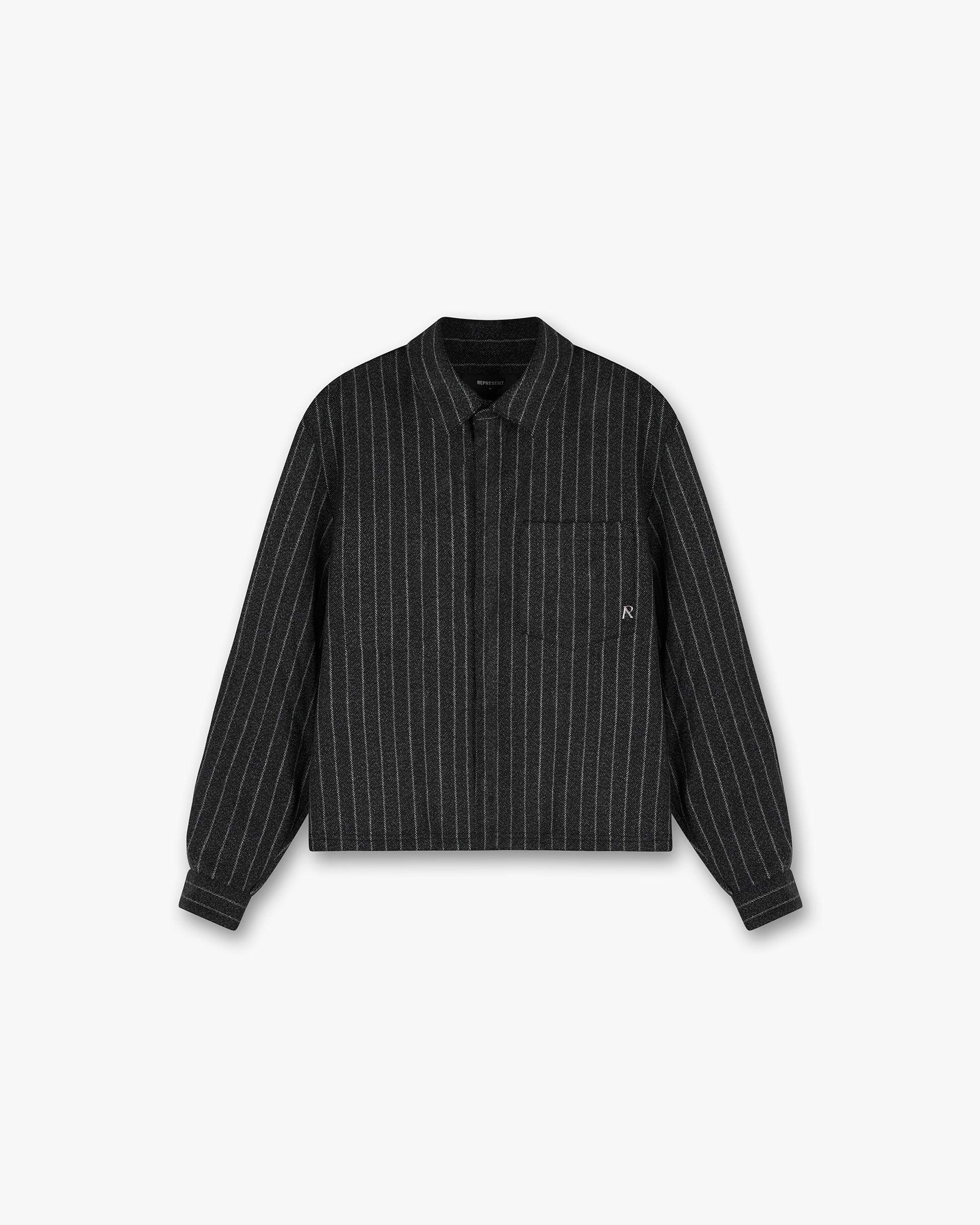 Front product image of a mens black pinstripe shirt on a plain white background | Cropped Dress Shirt in Black Pinstripe | Cropped shirt with pinstripe pattern | SS24 Shirts | Represent Clo