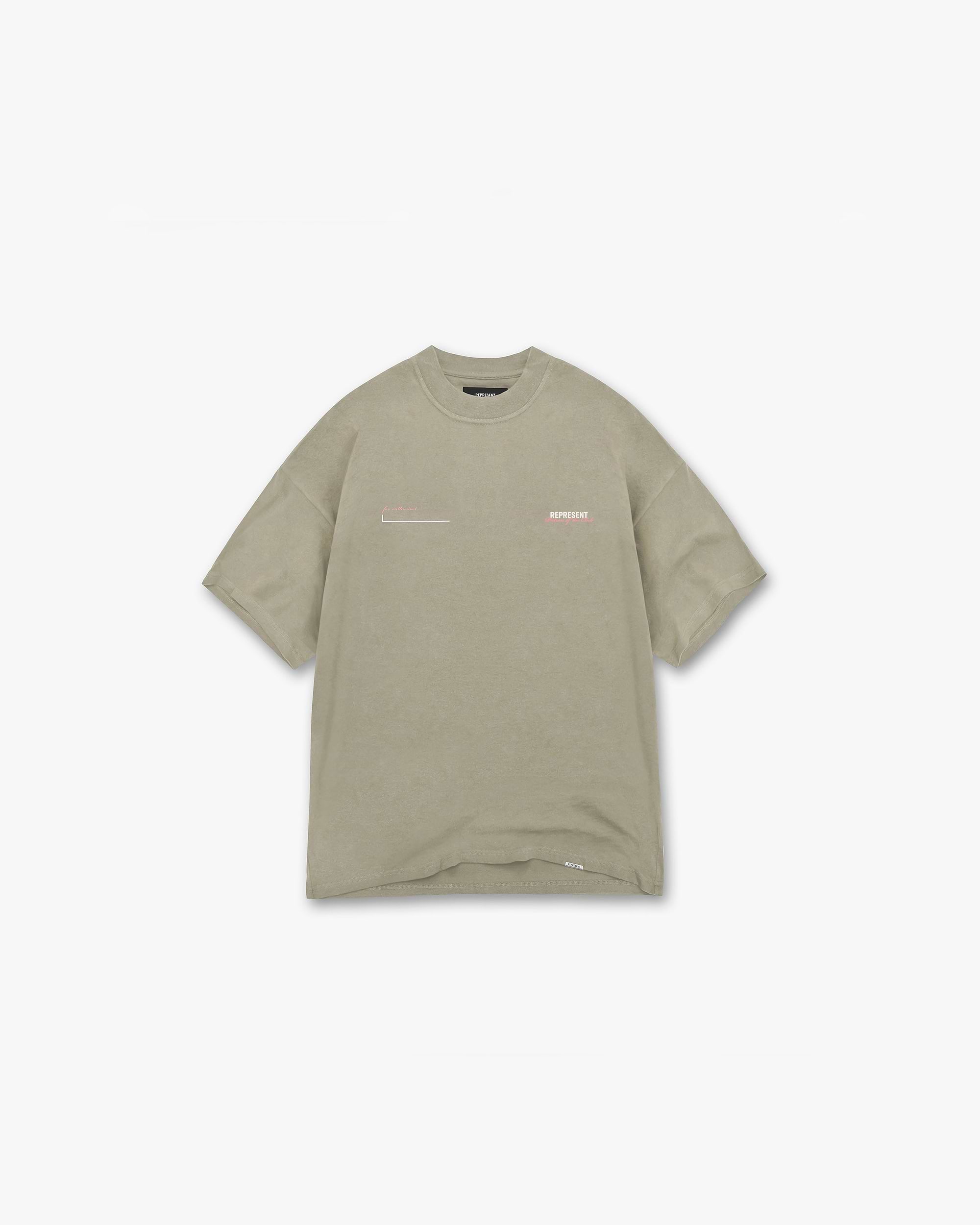 Front product image of a mens khaki pink t-shirt on a plain white background | Patron Of The Club T-Shirt in Khaki Pink | Oversized t-shirt with cracked Horizons graphic | Patrons T-Shirts | Represent Clo