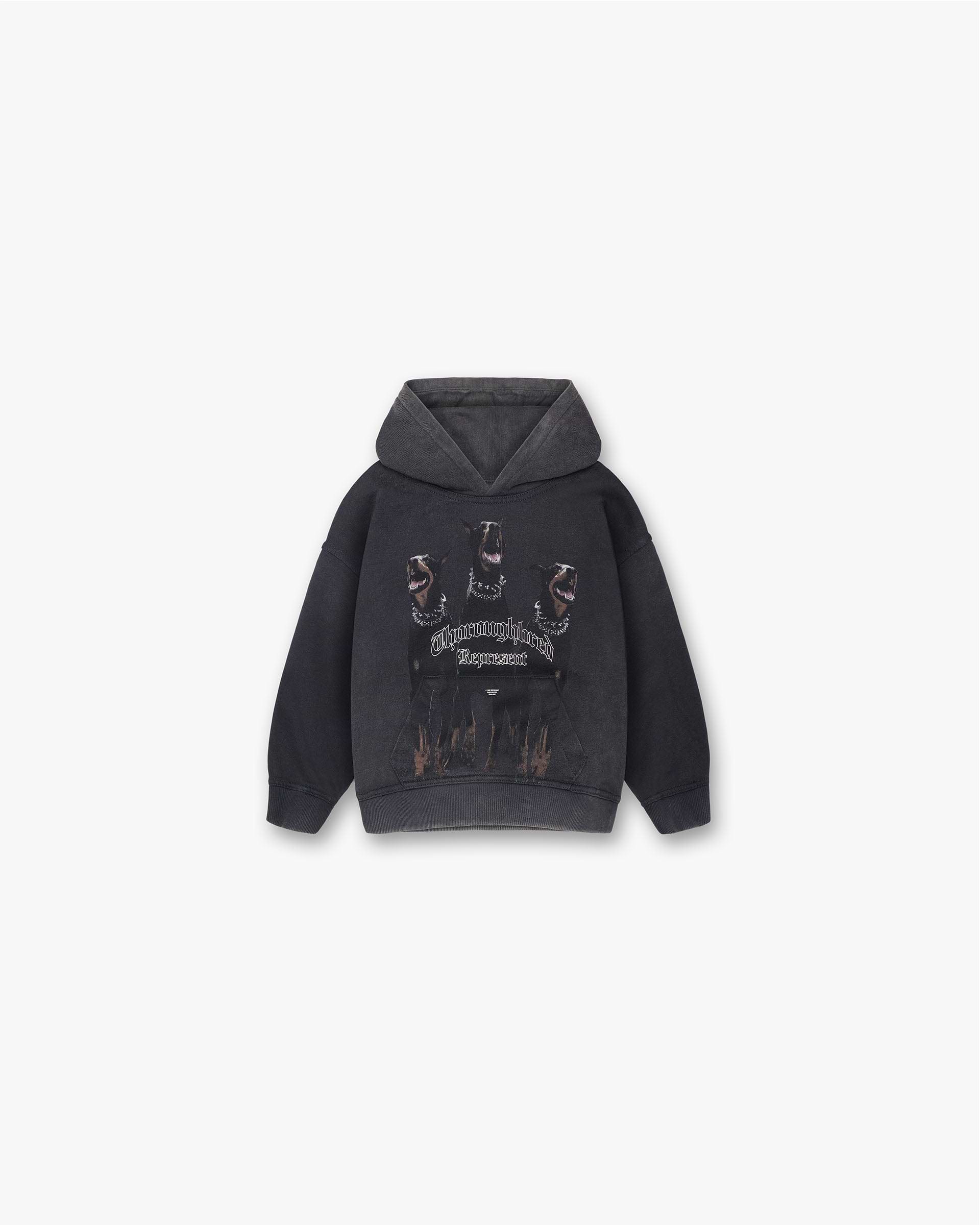 Front product image of a childs black hoodie on a plain white background | Mini Thoroughbred Hoodie in Vintage Black | Graphic hoodie for kids | Mini Hoodies | Represent Clo