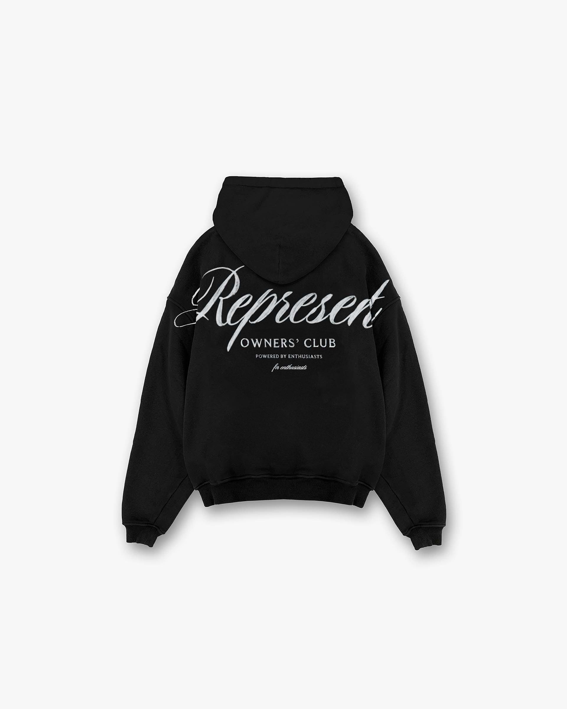 Front product image of a mens black hoodie on a plain white background | Represent Owners Club Script Hoodie in Black | Soft hand feel hoodie in oversized fit | Owners Club Hoodies | Represent Clo