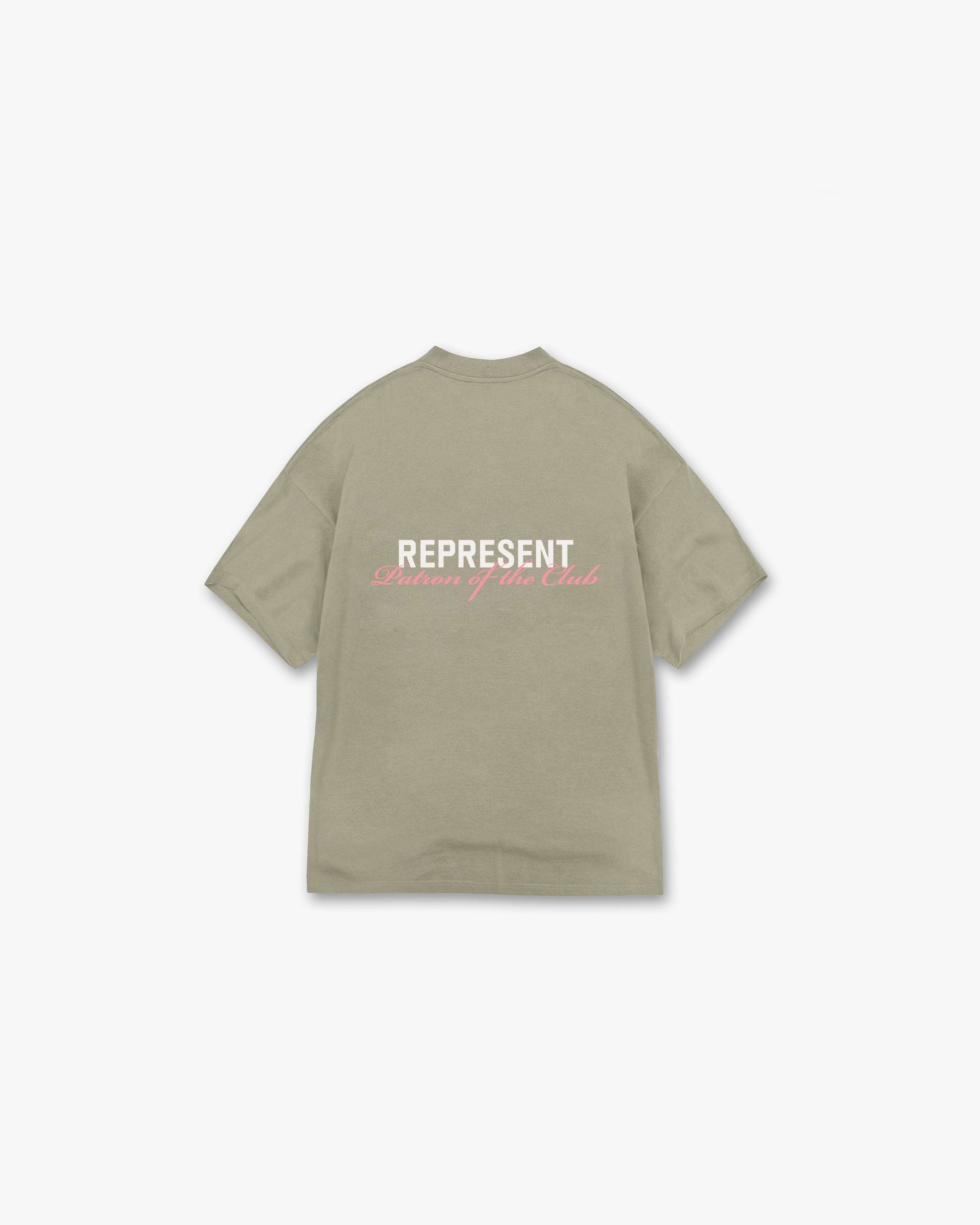 Back product image of a mens khaki t-shirt on a plain white background | Patron Of The Club T-Shirt in Khaki Pink | Slightly oversized fit t-shirt with branding | Patrons T-Shirts | Represent Clo