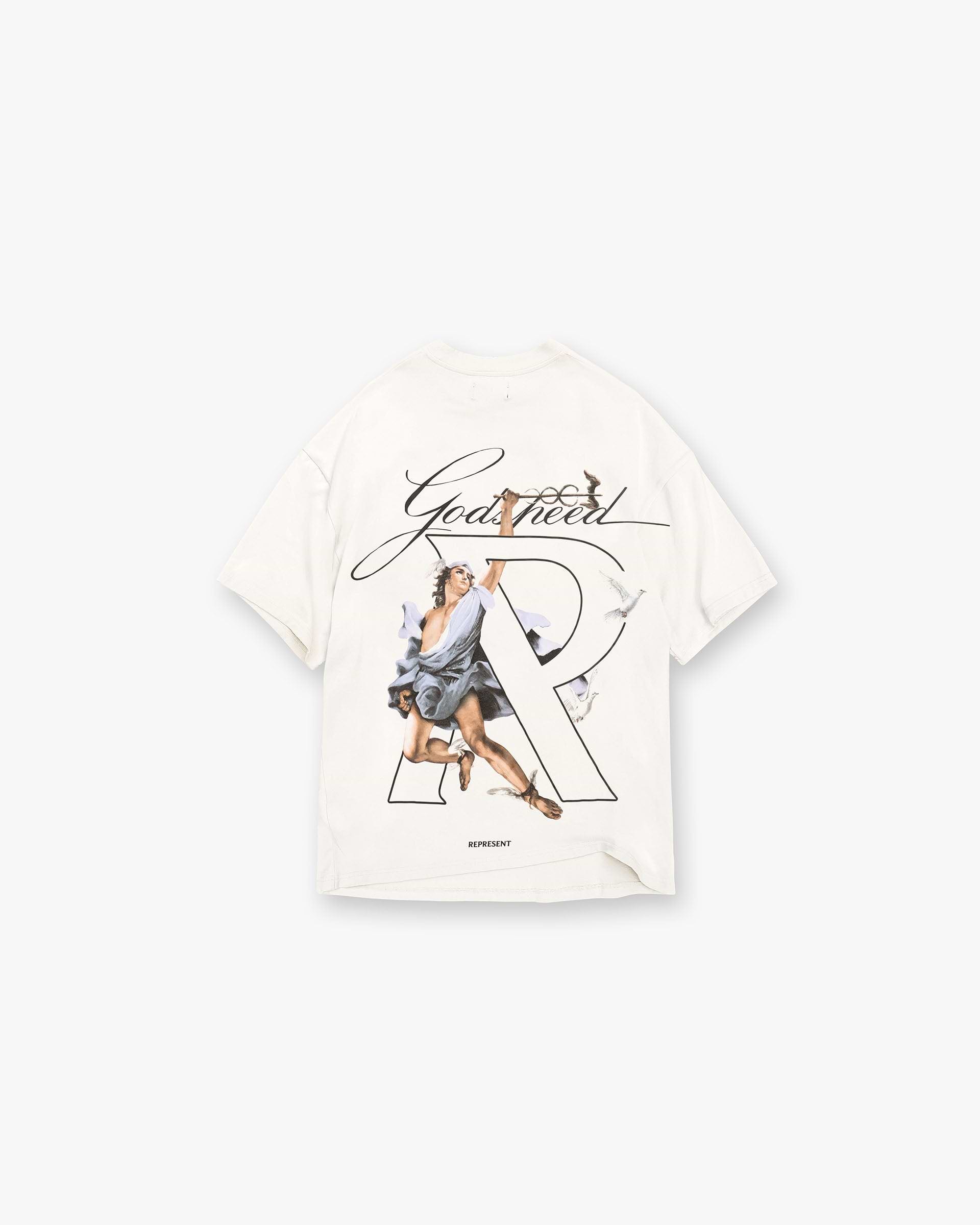 Back product image of a mens white t-shirt on a plain white background | Hermes T-Shirt in Flat White | Oversized t-shirt with high density screen print graphic | FW24 T-Shirts | Represent Clo