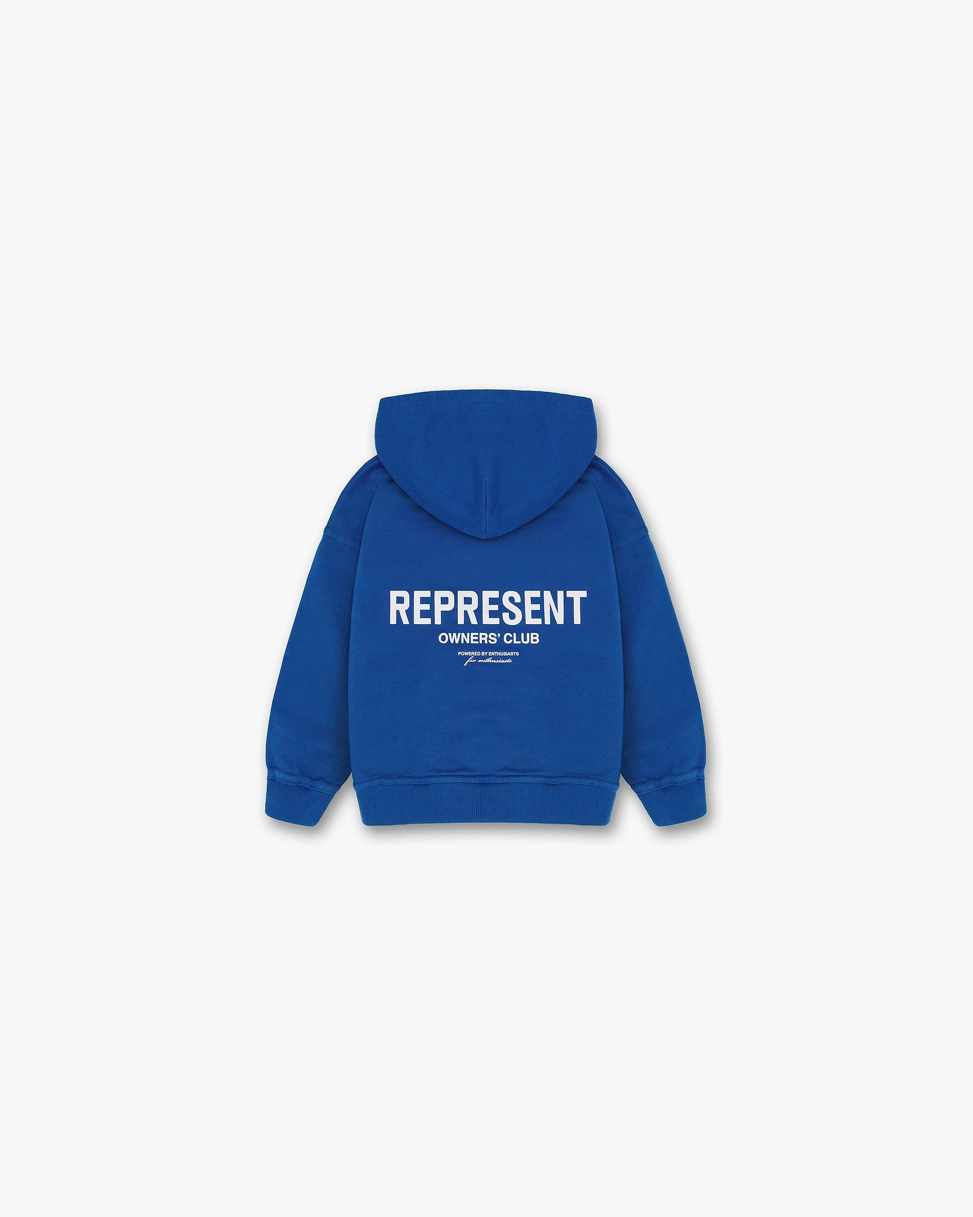 Front product image of a kids cobalt hoodie on a plain white background | Represent Mini Owners Club Hoodie in Cobalt | Hoodie with relaxed fit | Owners Club Hoodies | Represent Clo