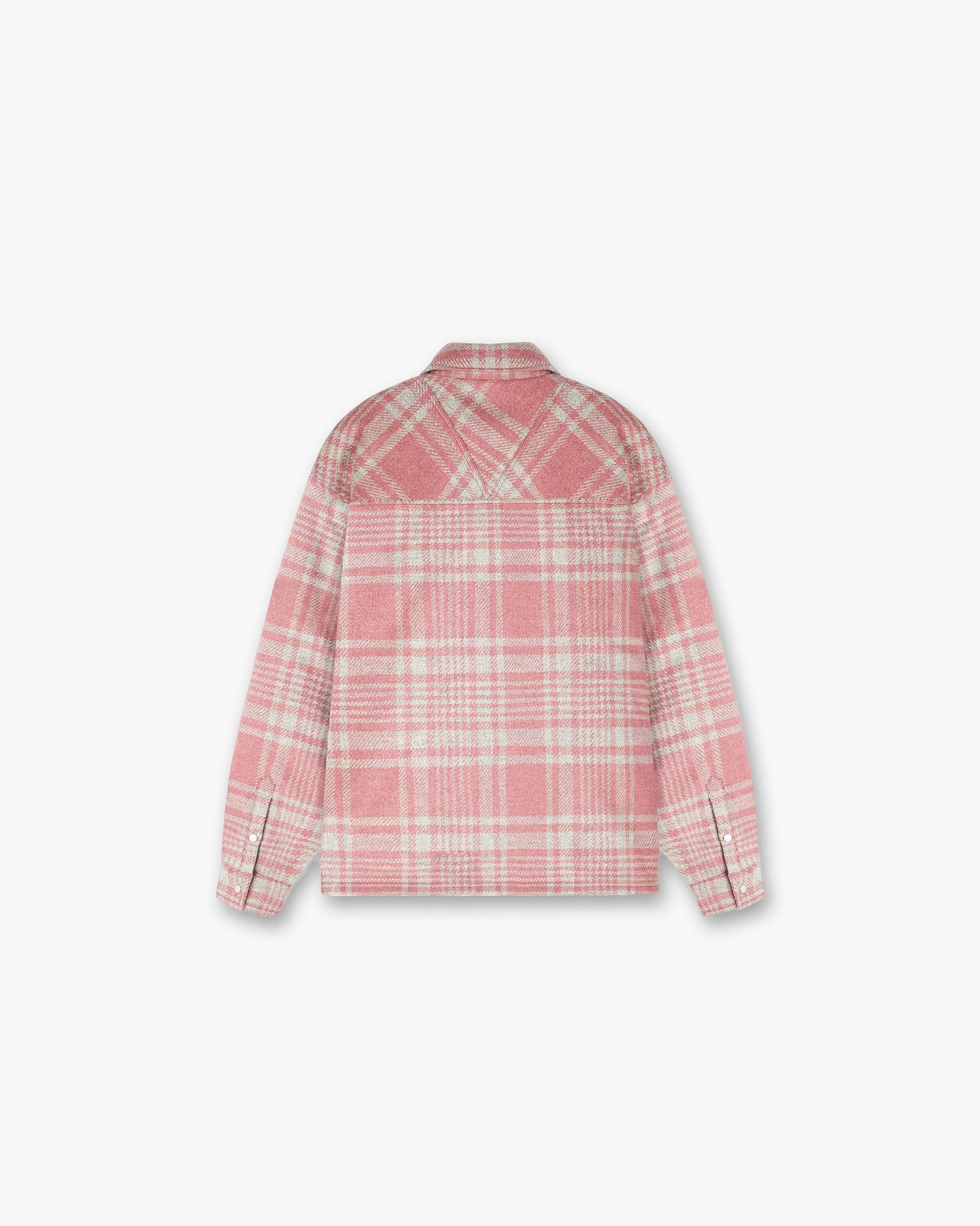 Back product image of a mens pink and grey checked shirt on a plain white background | Quilted Flannel Shirt in Pink Grey Check | Quilted flannel shirt with patch zip pockets and split hem | PRE SS24 Shirts | Represent Clo