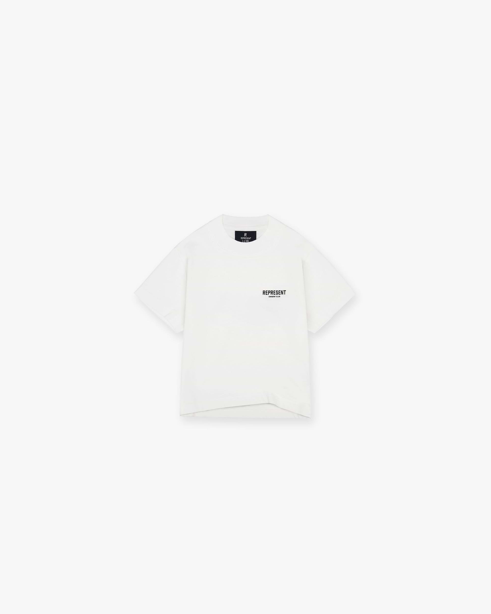Back product image of a kids white t-shirt on a plain white background | Represent Mini Owners Club T-Shirt in Flat White | Slightly oversized fit kids t-shirt with screen printed graphic | Owners Club T-Shirts | Represent Clo