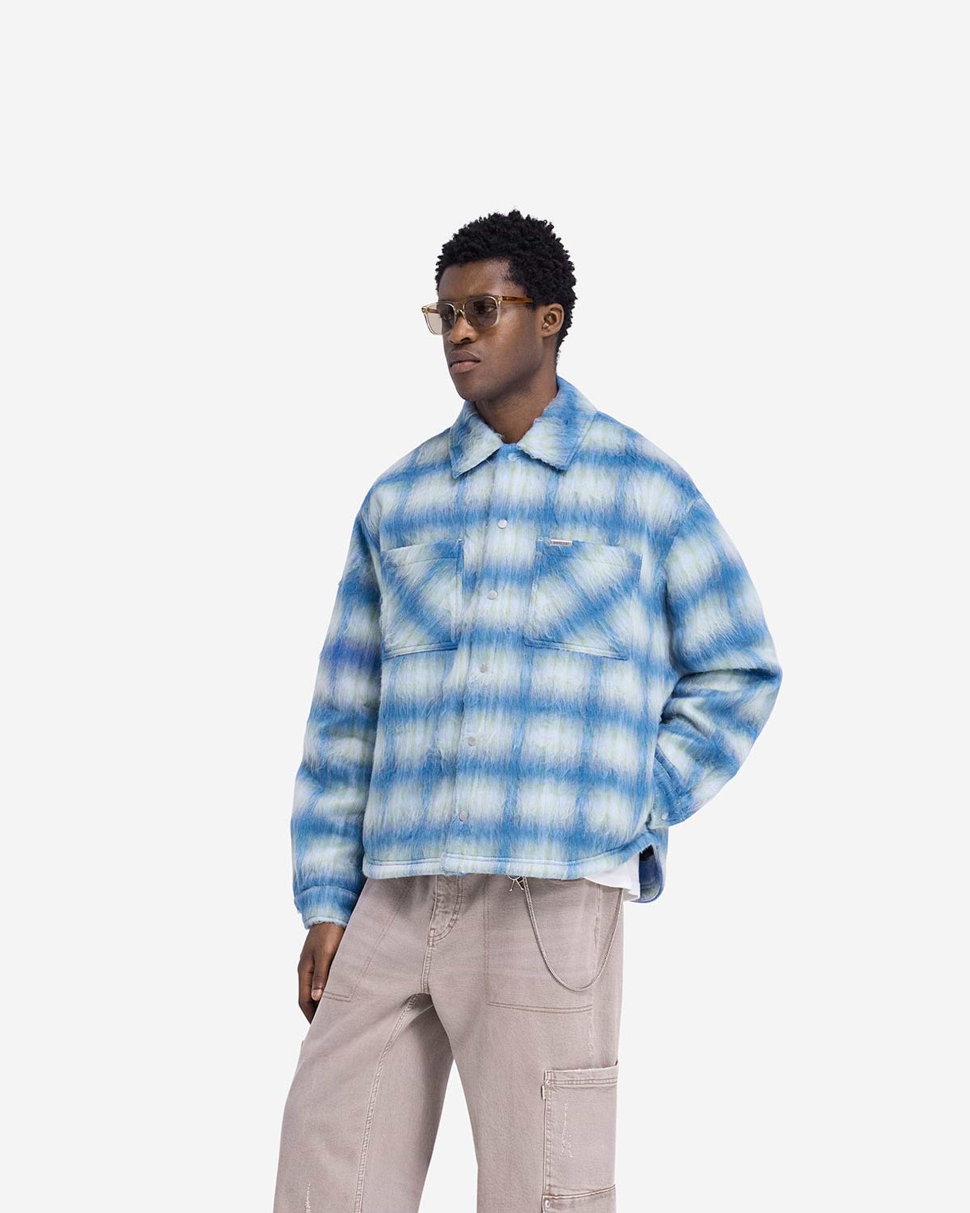 Back product image of a mens blue overshirt on a plain white background | Textured Overshirt in Electric Blue | Overshirt with curved hem and patch pockets | FW24 Shirts | Represent Clo