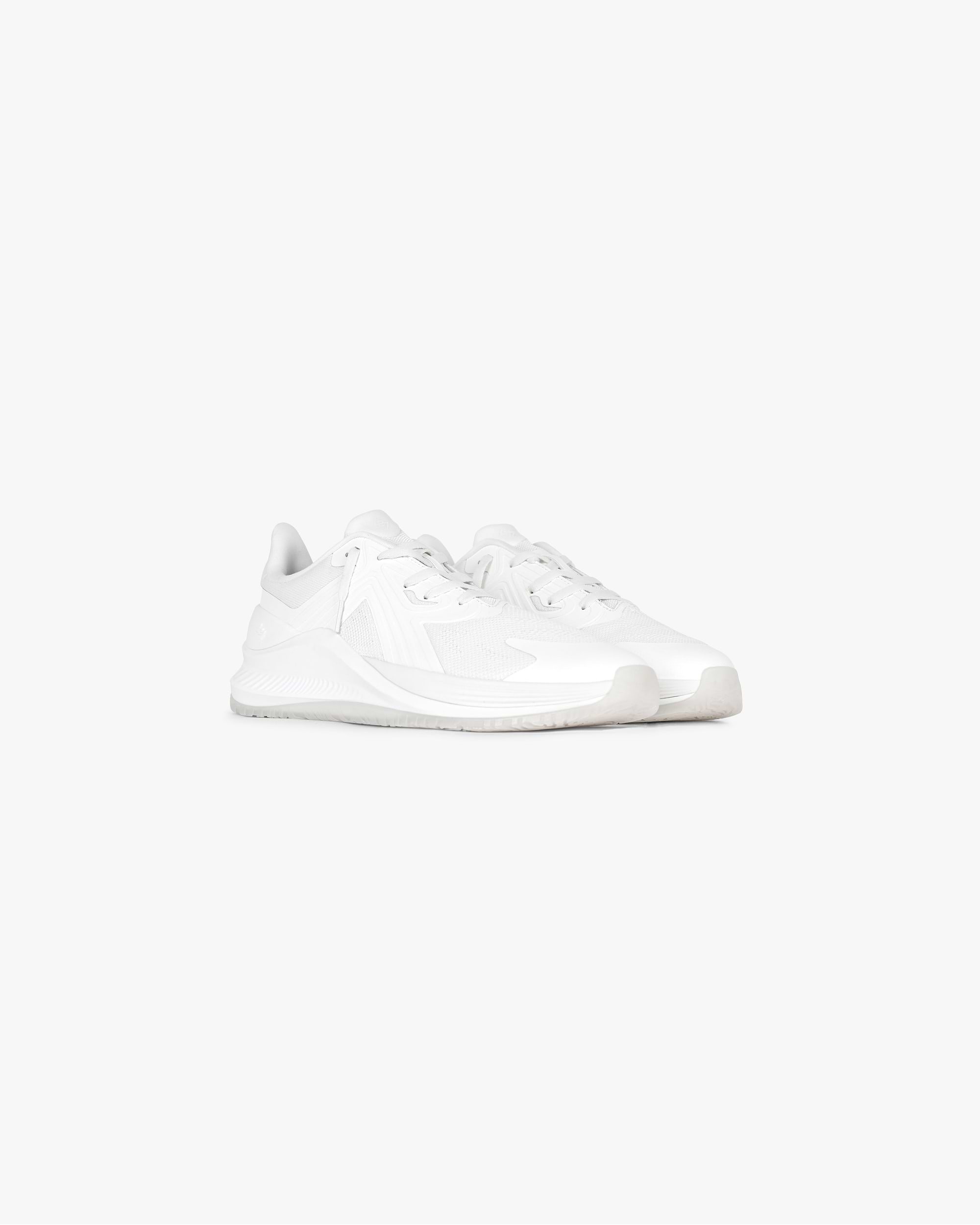 Product image of a mens white trainer on a plain white background | 247 Arc-2 Trainer in Flat White | Trainer with knitted upper and TPU overlays | 247 Footwear | Represent Clo