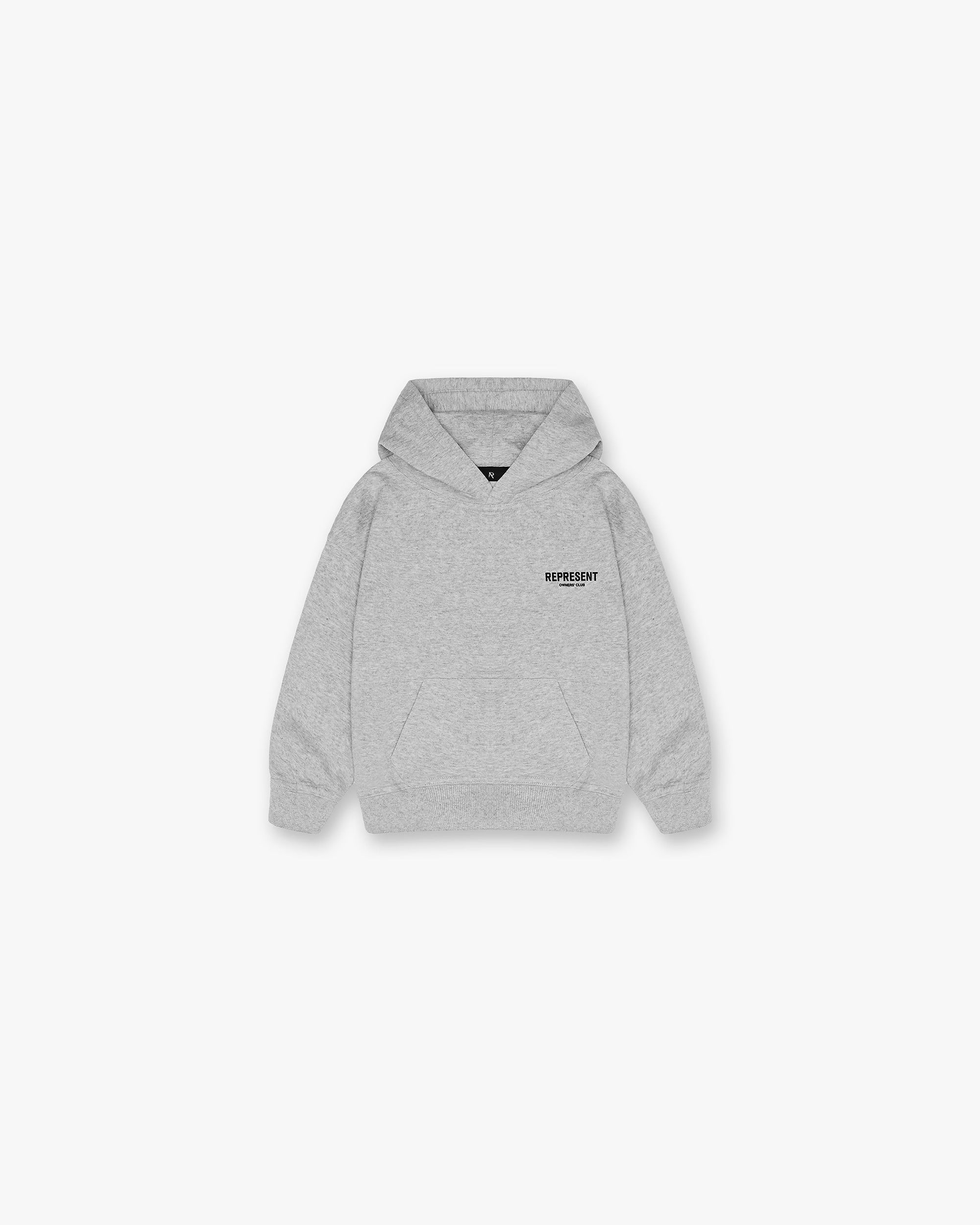 Back product image of a childs grey hoodie on a plain white background | Represent Mini Owners Club Hoodie in Ash Grey | Oversized kids hoodie with screen printed graphics | Owners Club Hoodies | Represent Clo