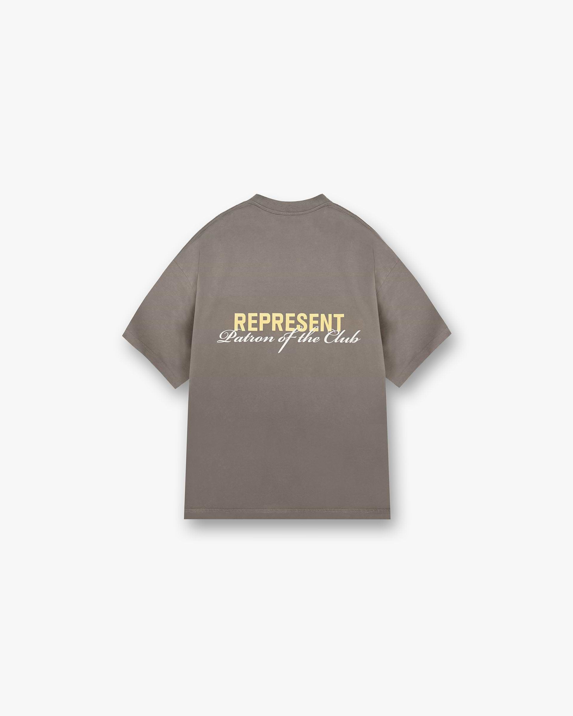 Back product image of a mens olive t-shirt on a plain white background | Patron Of The Club T-Shirt in Washed Olive | Slightly oversized t-shirt with fade out wash and screen print | Patrons T-Shirts | Represent Clo