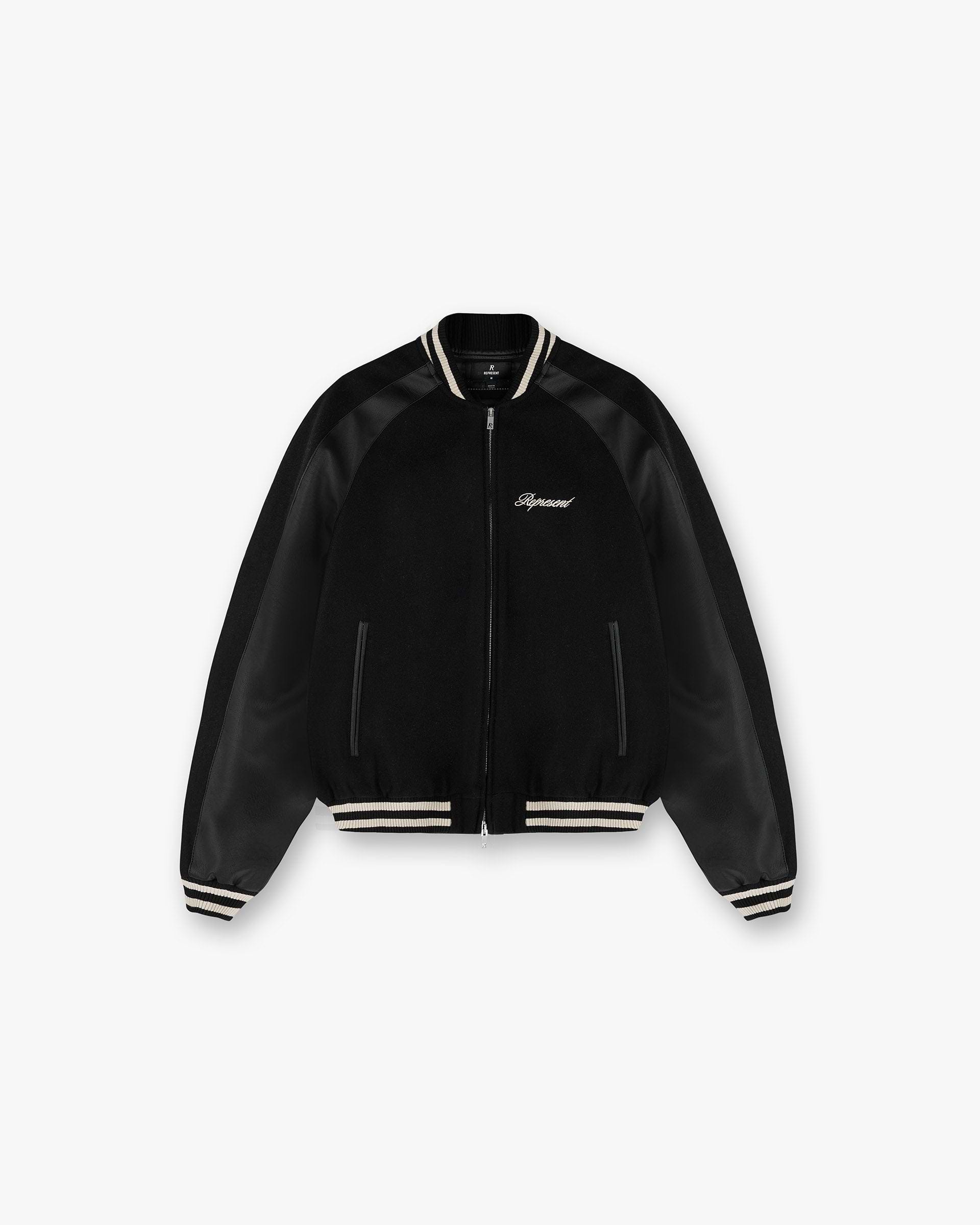 Front product image of a mens black jacket on a plain white background | Raglan Varsity Jacket in Black | Varsity jacket with raglan sleeves | SS25 Outerwear | Represent Clo
