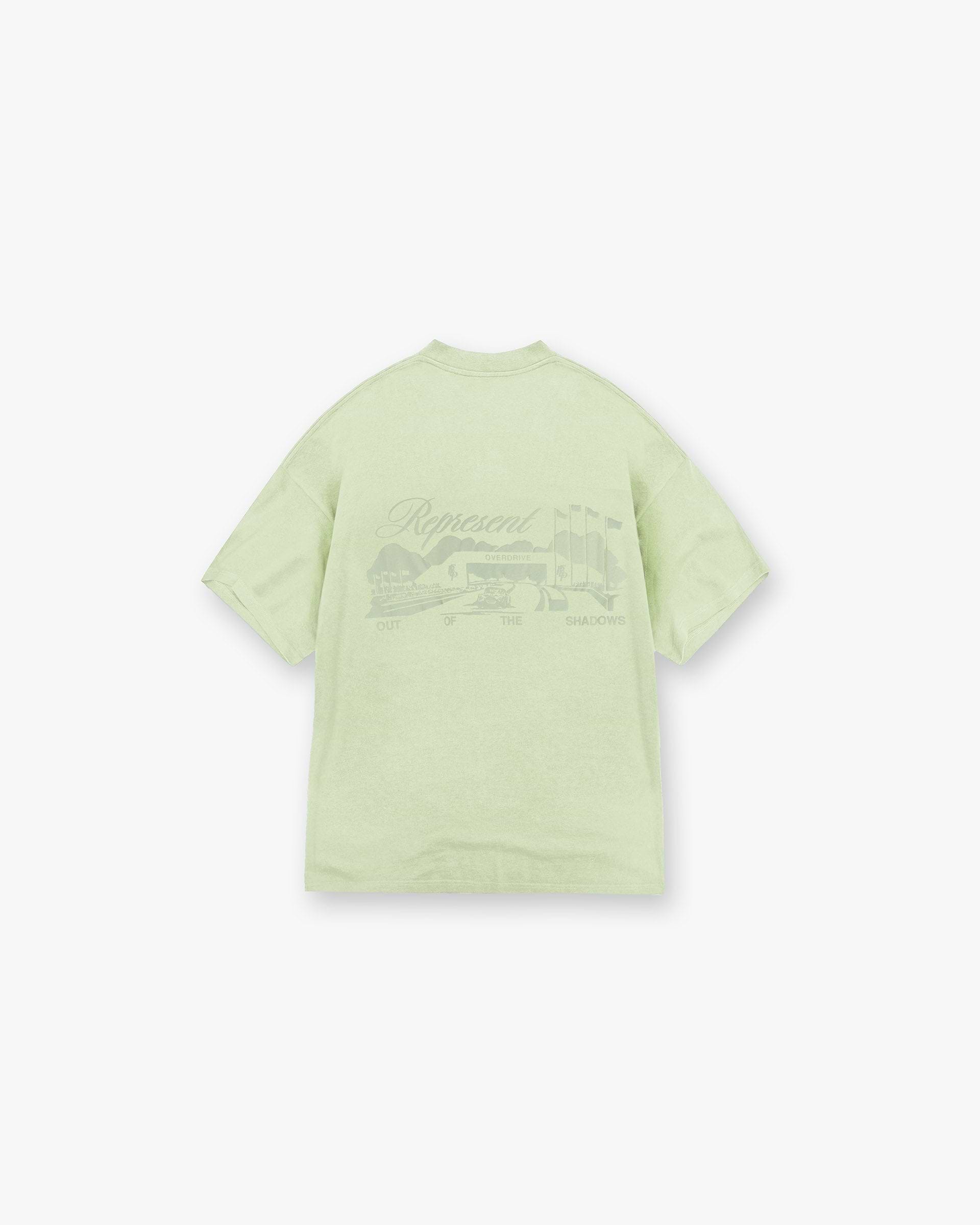 Back product image of a mens green t-shirt on a plain white background | Raceway T-Shirt in Matcha | Slightly oversized t-shirt with puff print graphic | SS25 T-Shirts | Represent Clo