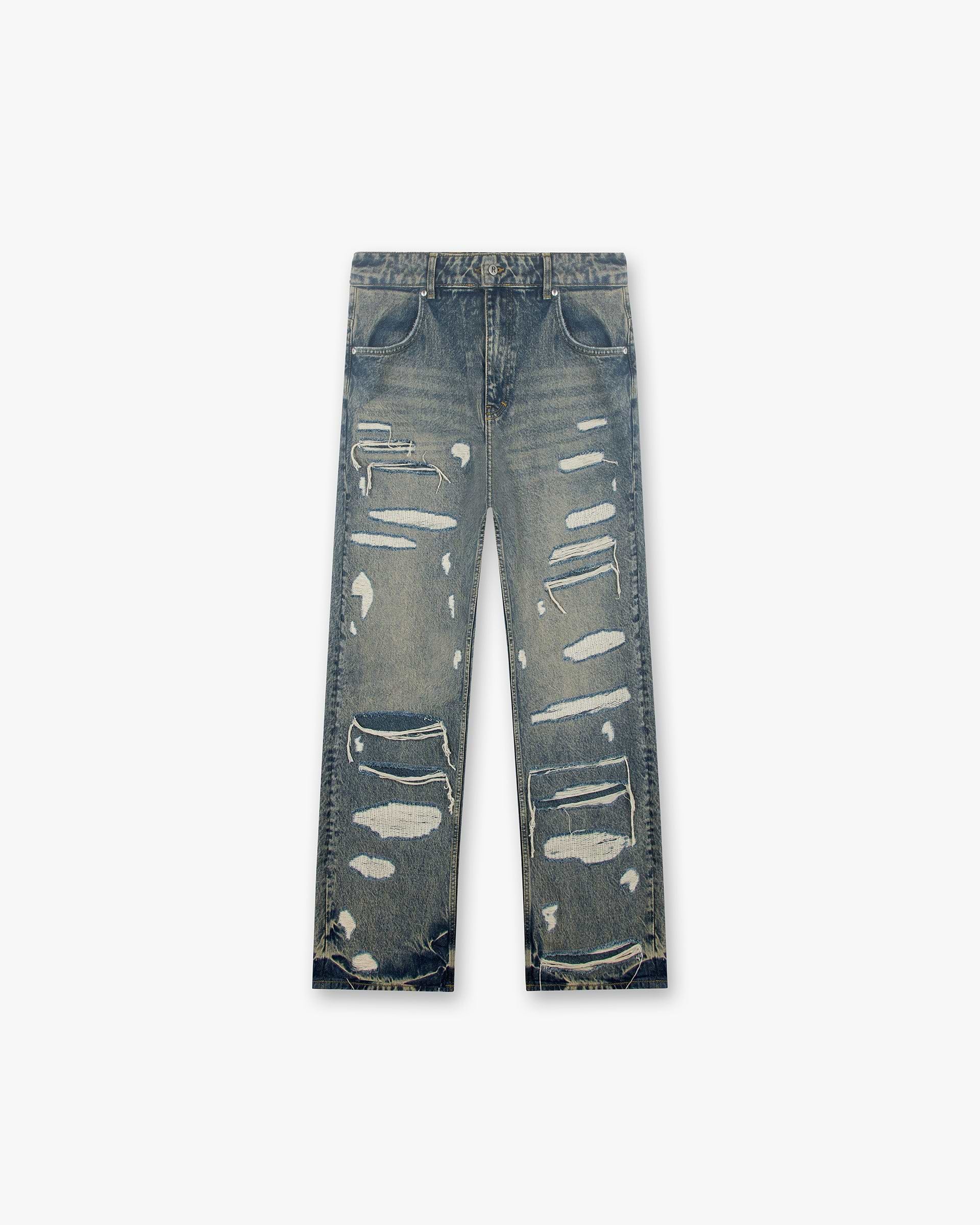 Front product image of mens blue denim jeans on a plain white background | R3D Double Destroyer Baggy Denim in Blue Cream | Stone wash relaxed fit jeans with zip fly | SS24 Denim | Represent Clo