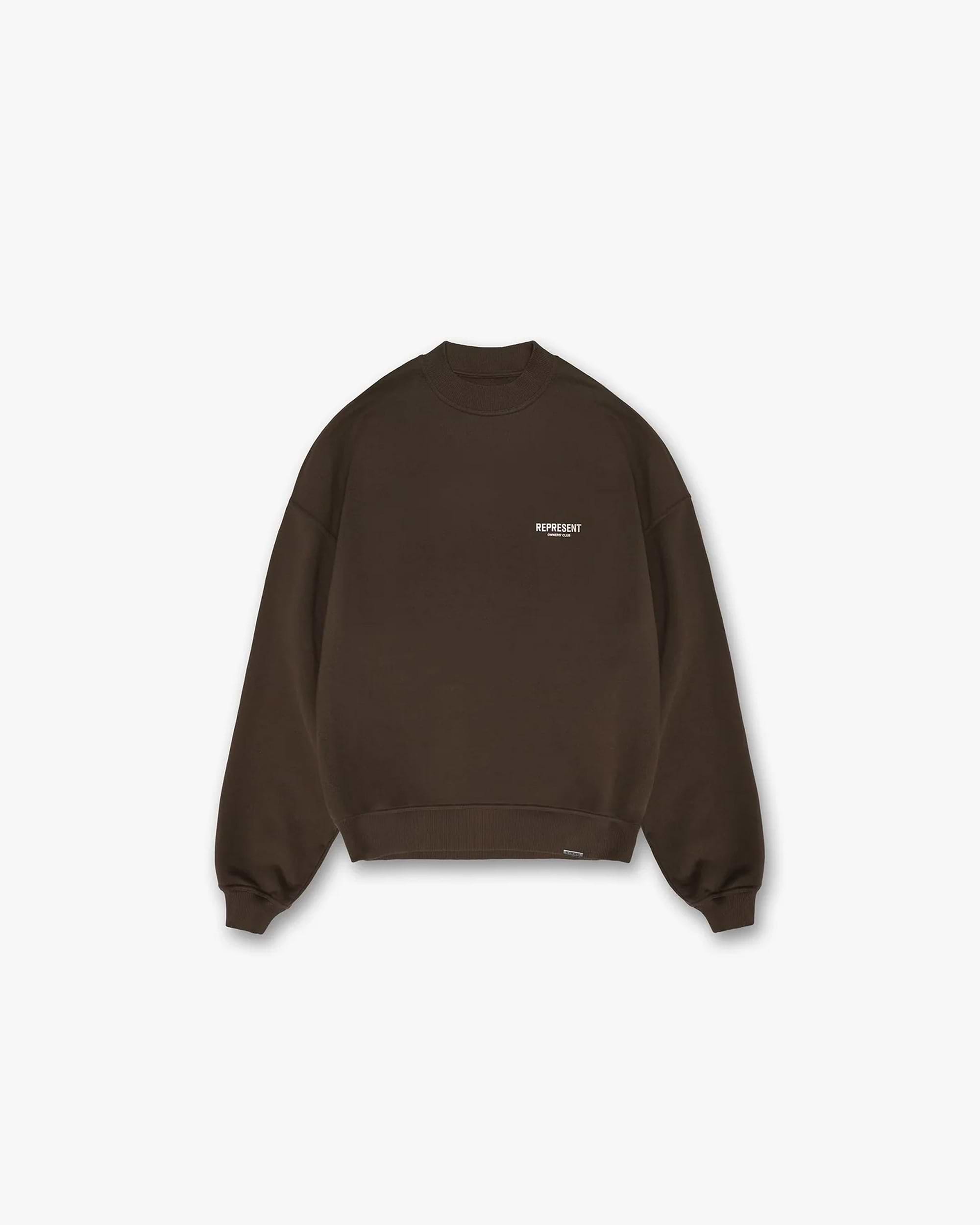 Back product image of a mens brown sweater on a plain white background | Represent Owners Club Sweater in Brown | Oversized fit heavyweight jersey cotton sweater | Owners Club Sweaters | Represent Clo