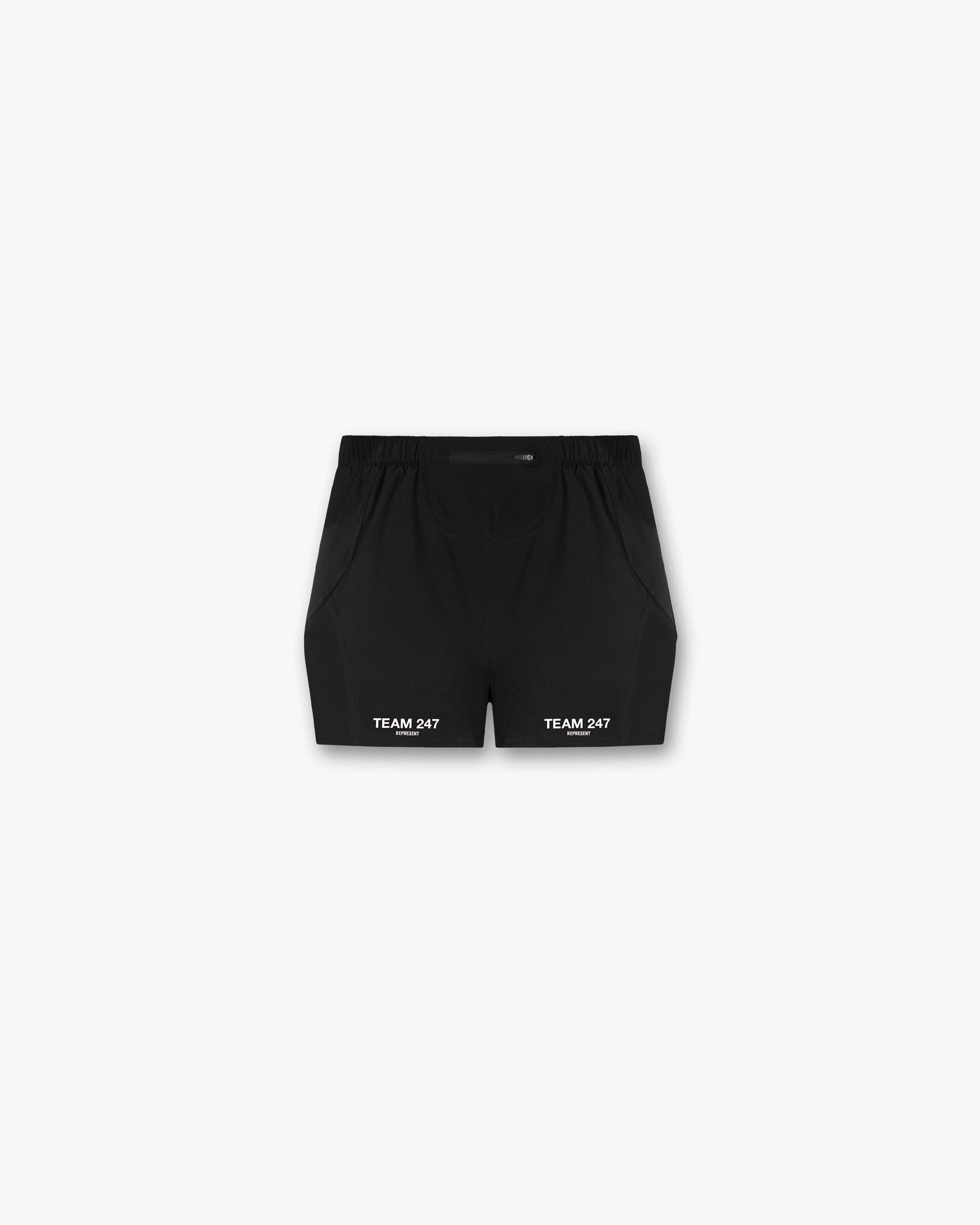 Back product image of mens black shorts on a plain white background | Team 247 Race Shorts in Jet Black | Polyester shorts with large side split and zip pocket | 247 Shorts | Represent Clo