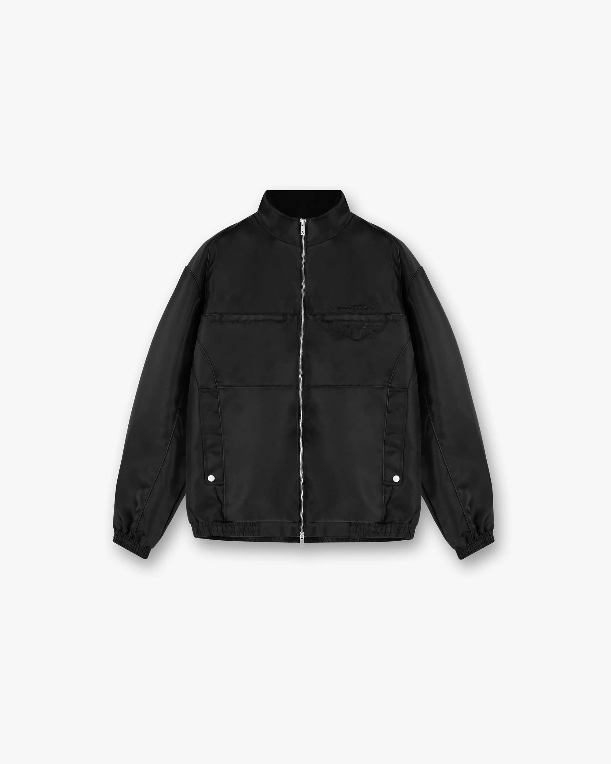 Front product image of a mens black racing jacket on a plain white background | Overdrive Racing Jacket in Black | Racing jacket with sleek design | SS25 Outerwear | Represent Clo