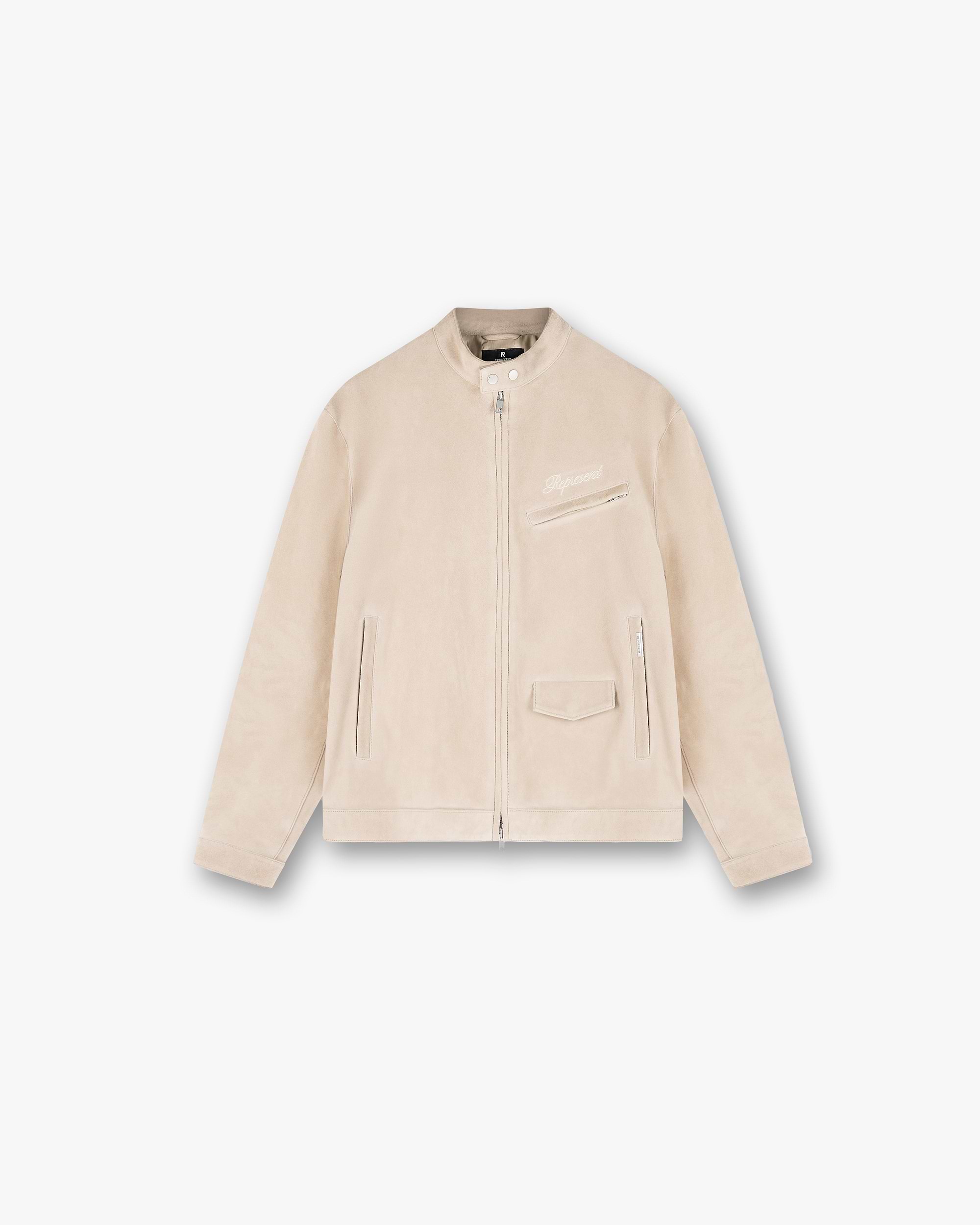 Front product image of a mens beige suede jacket on a plain white background | Overdrive Suede Jacket in Beige | Suede jacket with minimalist design | SS25 Outerwear | Represent Clo