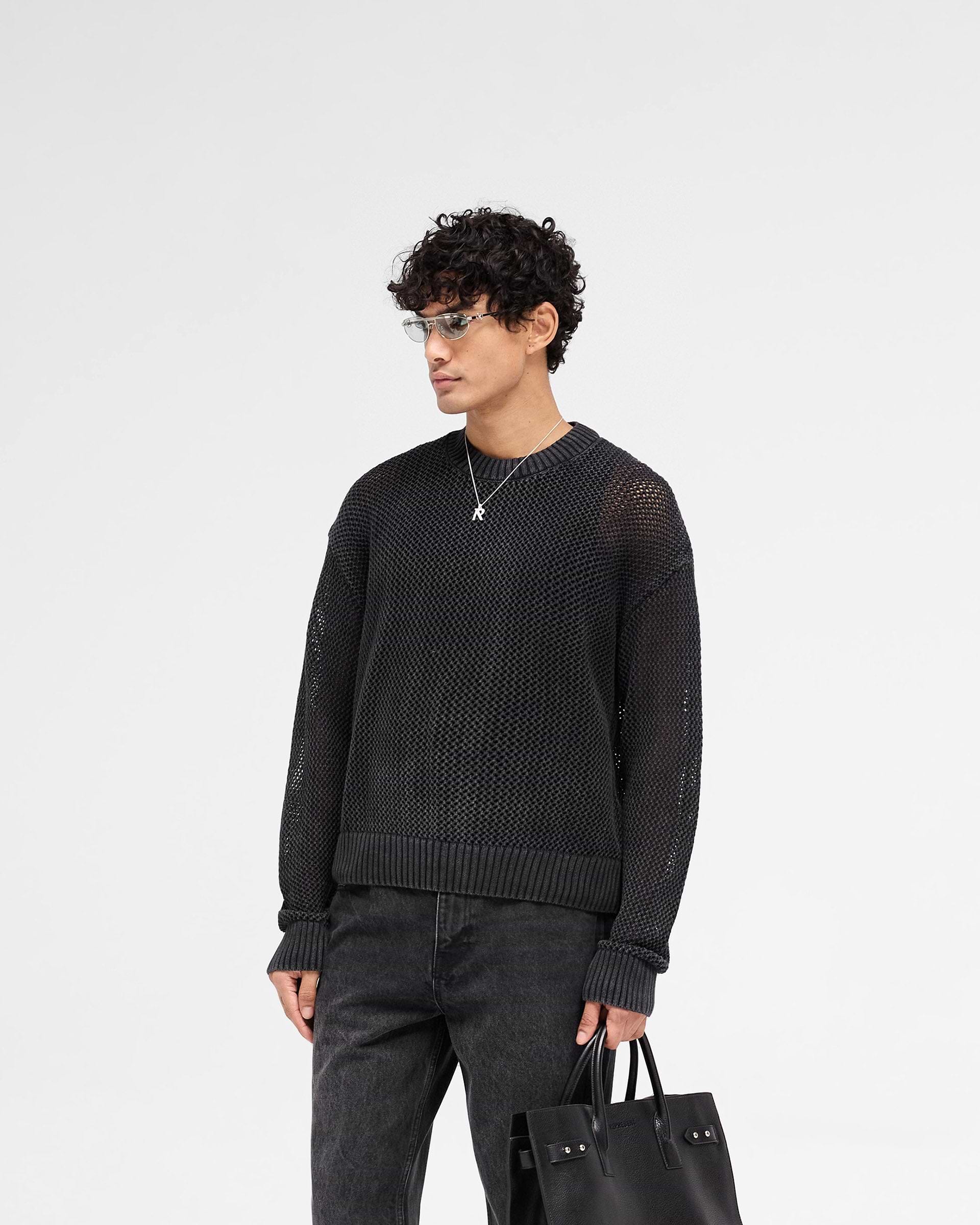 Back product image of a mens black knit sweater on a plain white background | Open Gauge Knit Sweater in Jet Black | Knit sweater with ribbed detailing and slightly oversized fit | SS25 Knitwear | Represent Clo