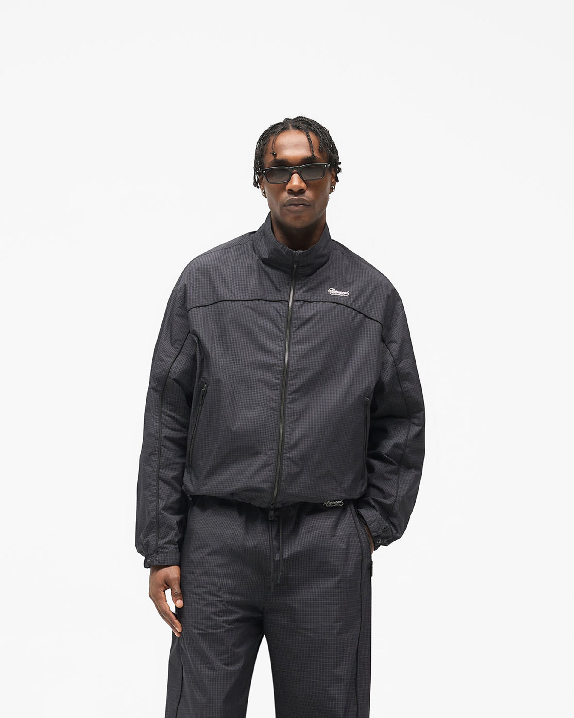 Riot Track Jacket - Navy Check - Cropped Model - Front