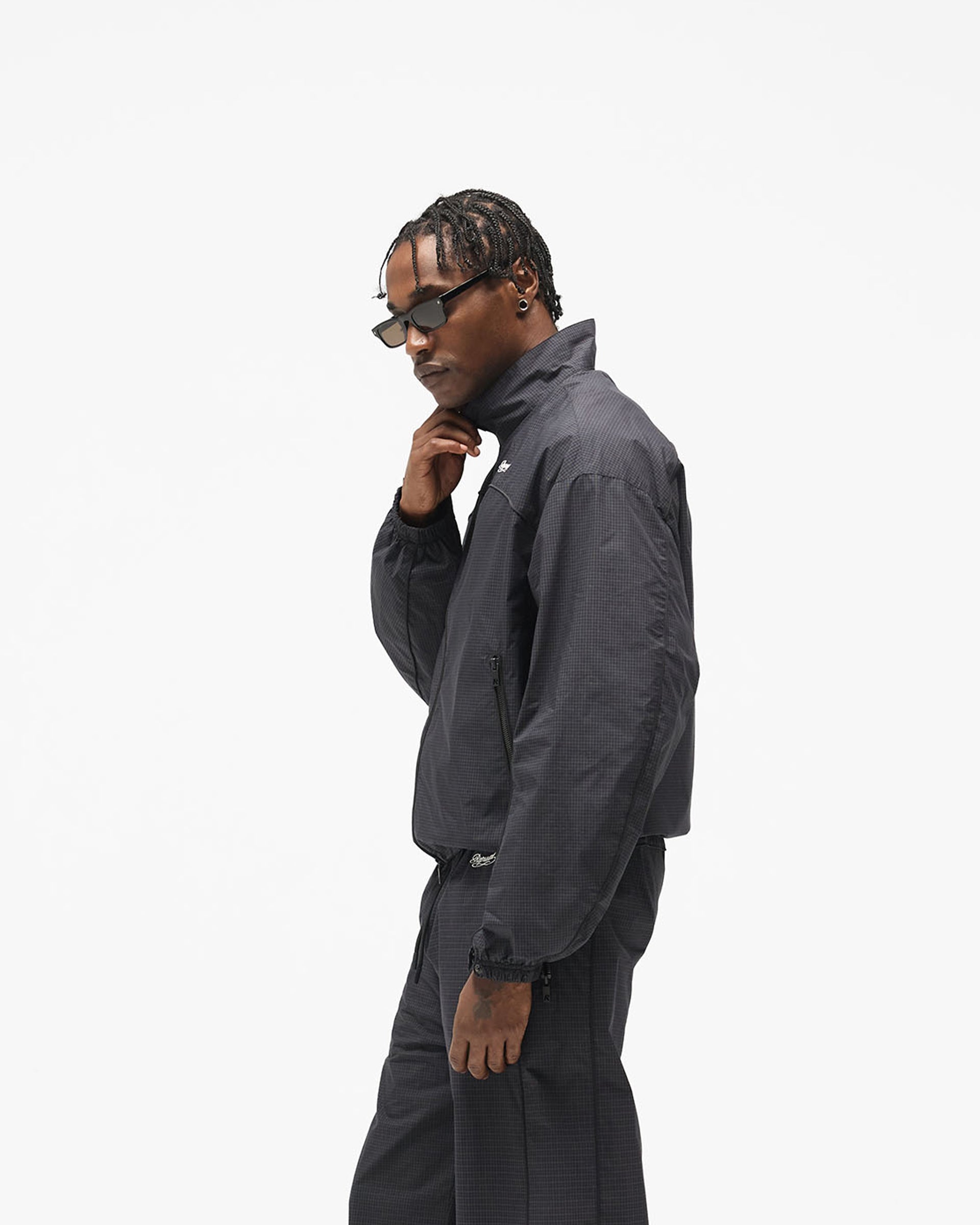Riot Track Jacket - Navy Check - Cropped Model - Side