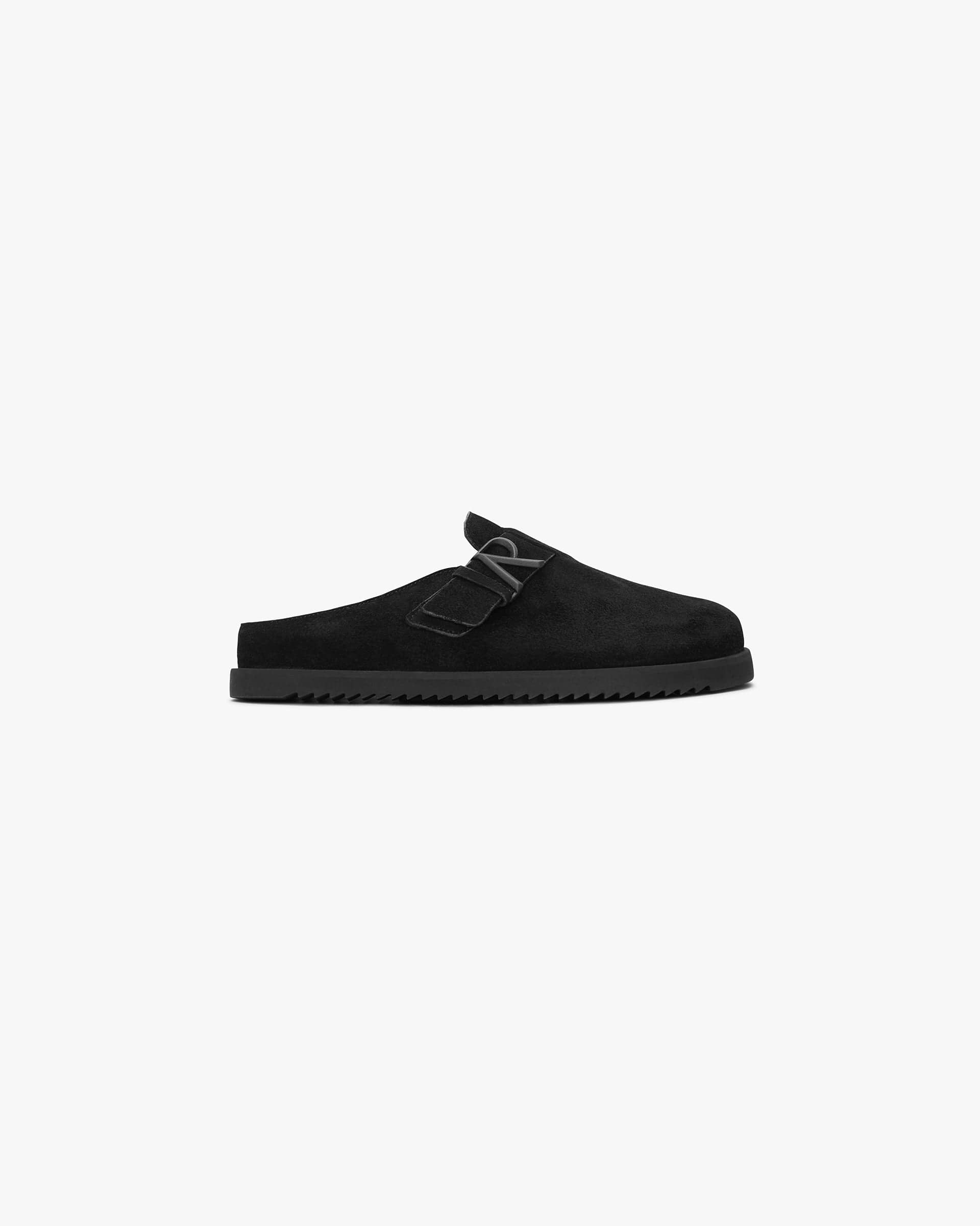 Front product image of a mens black loafer on a plain white background | Initial Mule in Black | Suede loafers with metal chain detail | SS24 Footwear | Represent Clo