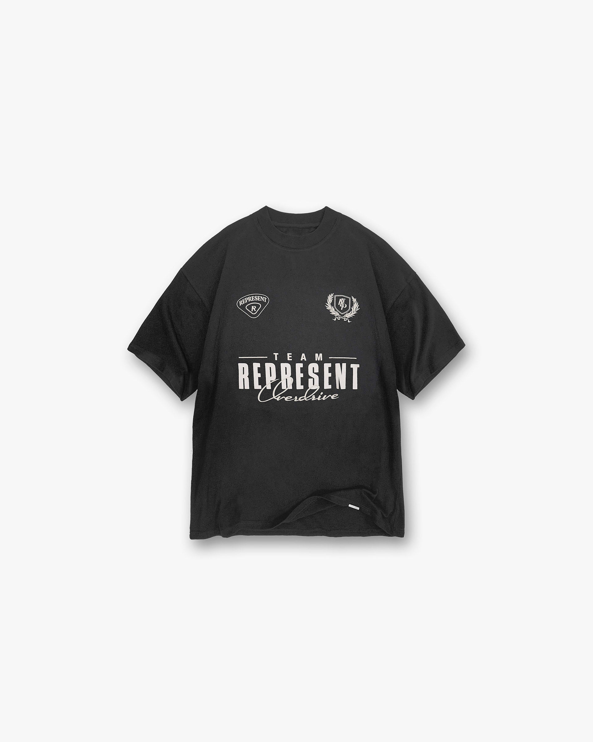 Front product image of a mens black t-shirt on a plain white background | World Championship T-Shirt in Stained Black | Lightweight sweat-wicking t-shirt with mesh panel | SS25 T-Shirts | Represent Clo