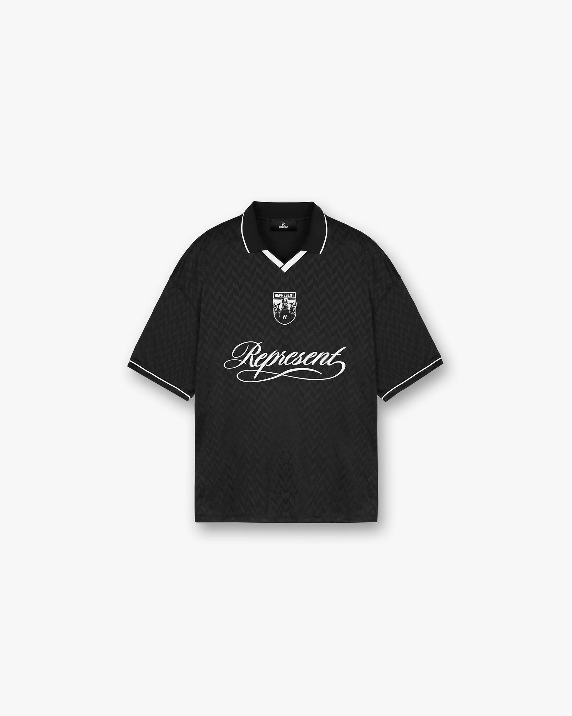 Front product image of a mens black t-shirt on a plain white background | Three Dogs Jersey in Jet Black | Oversized t-shirt with distressed details | Exclusives T-Shirts | Represent Clo