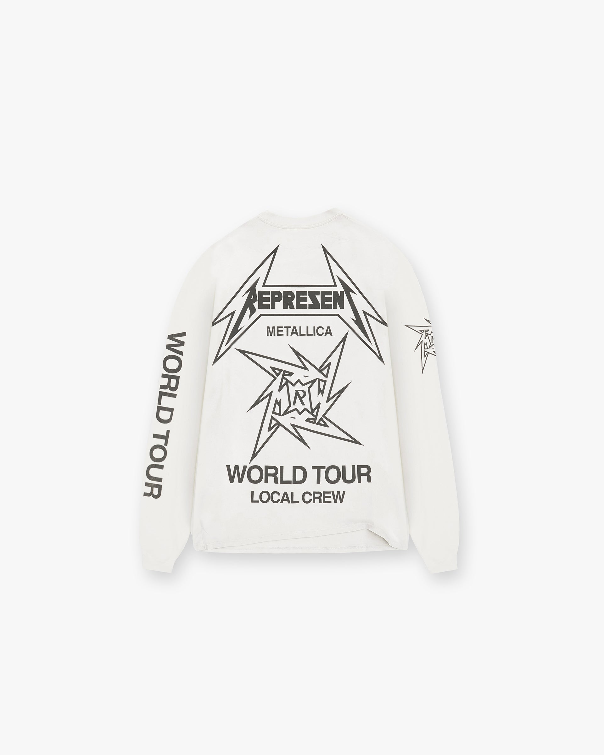 Back product image of a mens white long sleeve t-shirt on a plain white background | Represent X Metallica Local Crew Long Sleeve T-Shirt in Flat White | Oversized slub fabric t-shirt with cracked prints | SS24 T-Shirts | Represent Clo