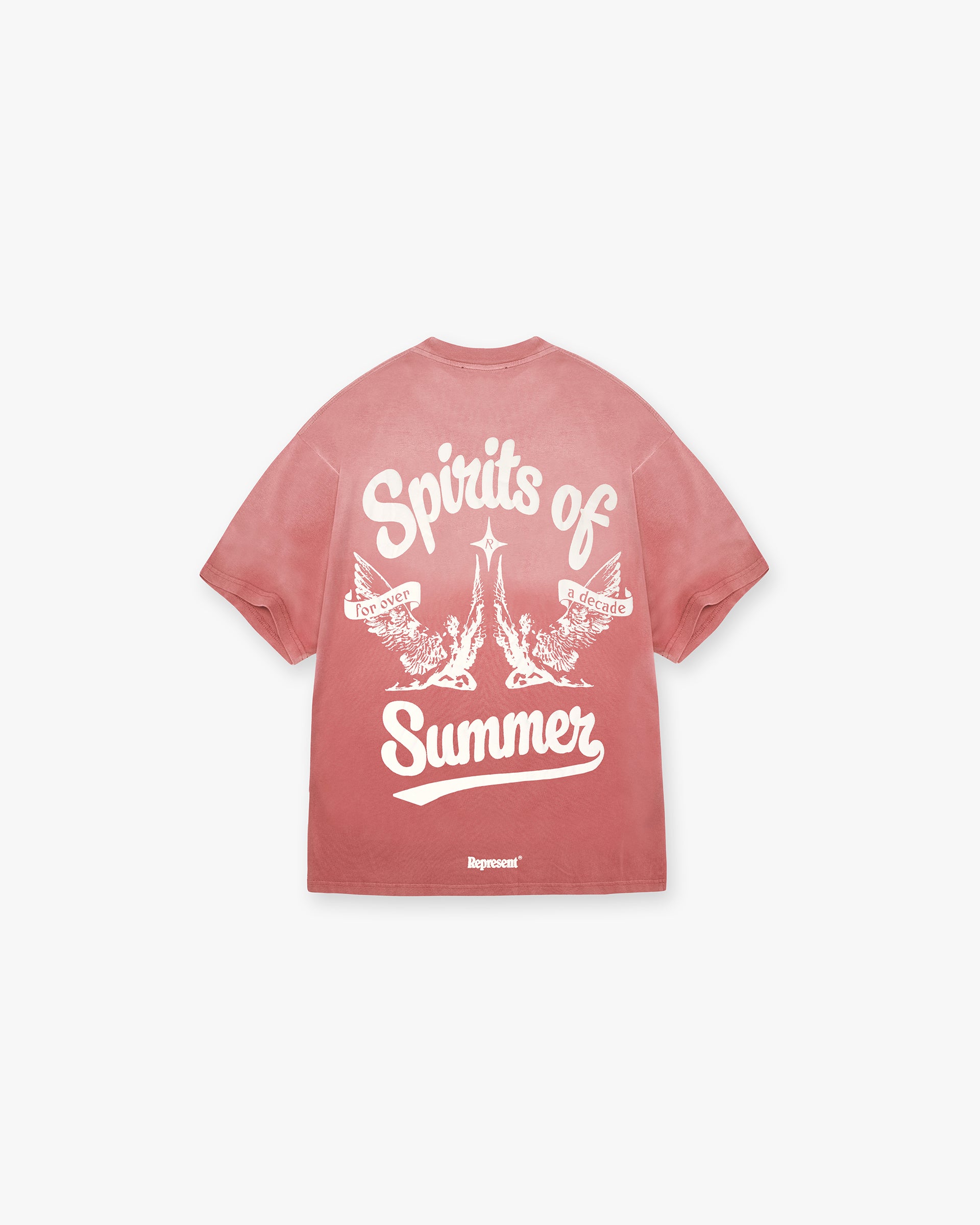 Back product image of a mens orange t-shirt on a plain white background | Spirits Of Summer T-Shirt in Sunrise | Oversized t-shirt with puff print graphic | SS24 T-Shirts | Represent Clo
