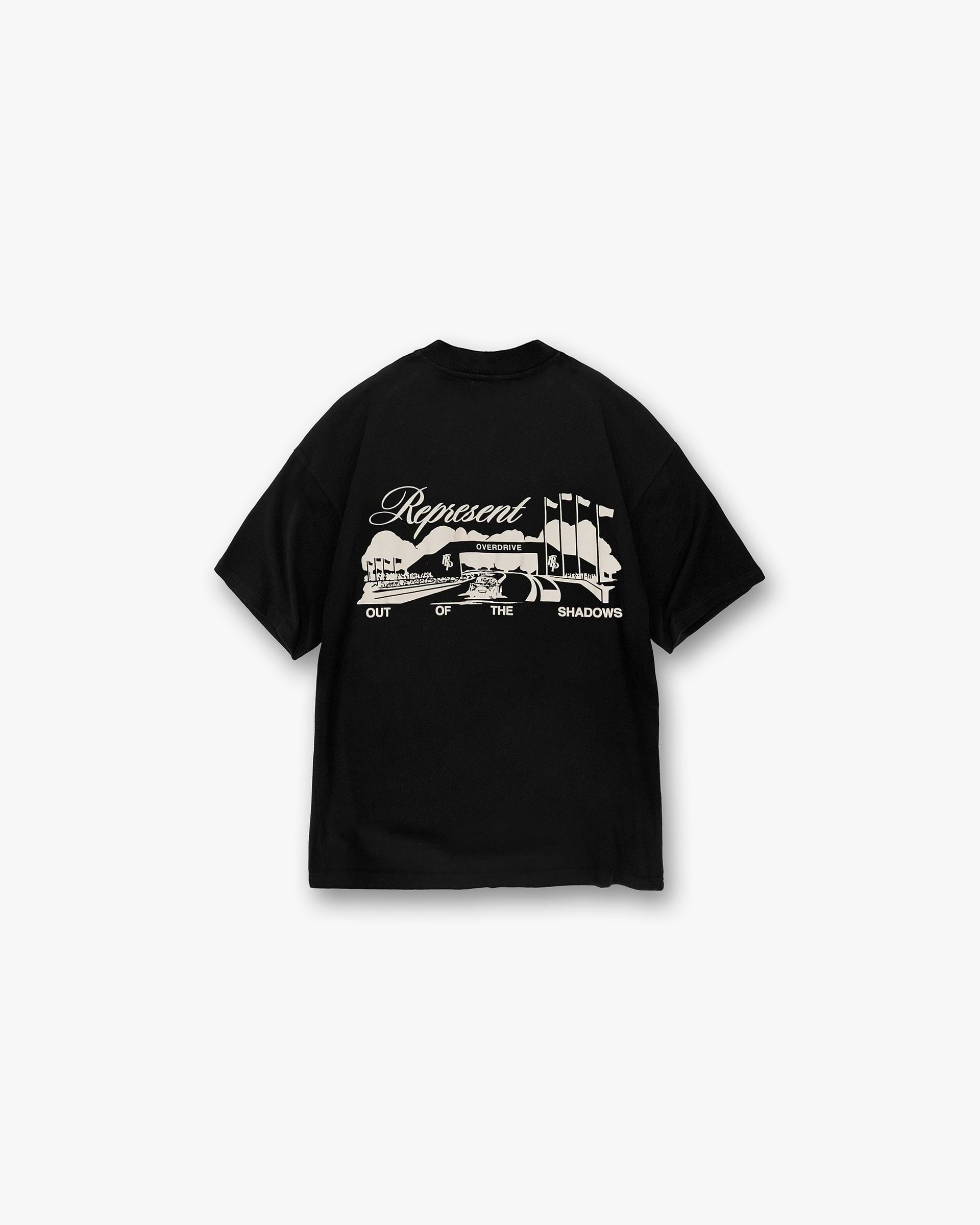 Back product image of a mens black t-shirt on a plain white background | Raceway T-Shirt in Jet Black | Slightly oversized t-shirt with puff print graphic | SS25 T-Shirts | Represent Clo