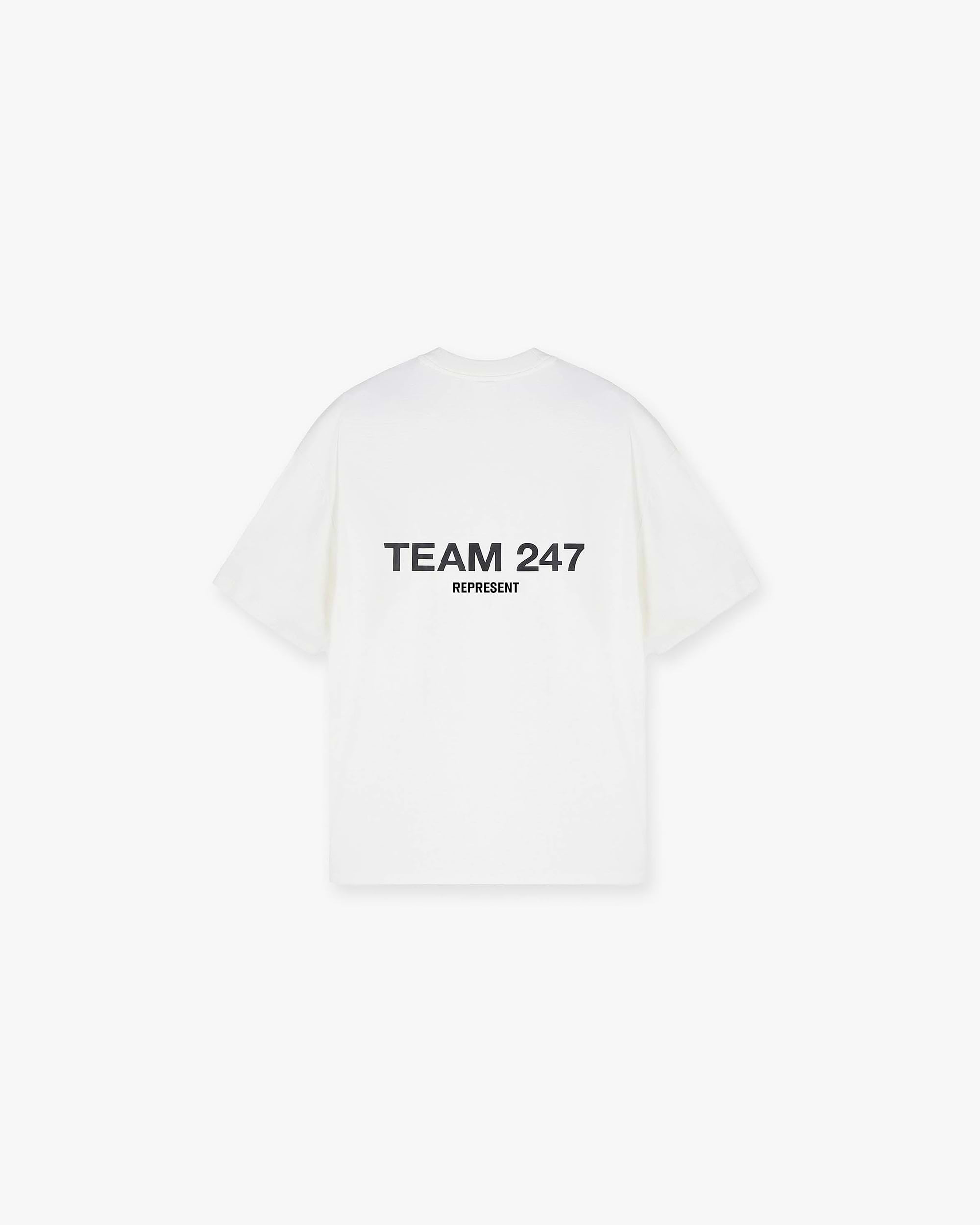 Back product image of a mens white oversized t-shirt on a plain white background | Team 247 Oversized T-Shirt in Flat White | Oversized 4-way stretch t-shirt with quick dry lightweight fabric | 247 T-Shirts | Represent Clo