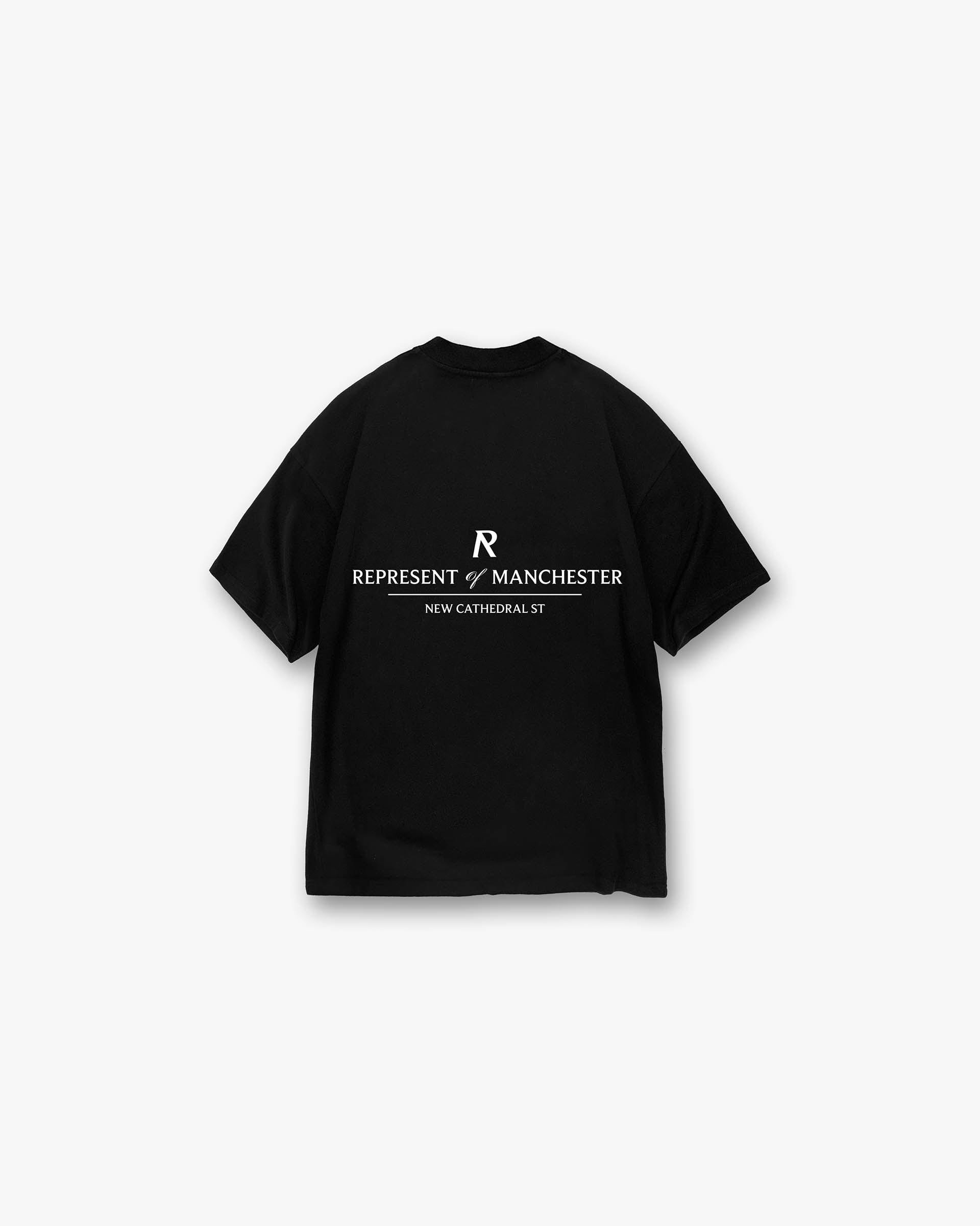 Back product image of a mens black t-shirt on a plain white background | Manchester Store T-Shirt in Black | Slightly oversized t-shirt with screen print | Exclusives T-Shirts | Represent Clo
